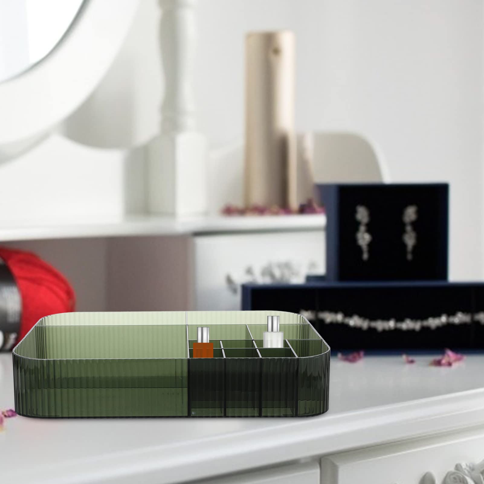 Green Makeup Organizer & Cosmetic Display Case - Multi-Grid Desktop Jewelry Box with Brush & Lipstick Holder for Dresser or Vanity | Perfect for Skin Care Storage & Beauty Accessories Organization