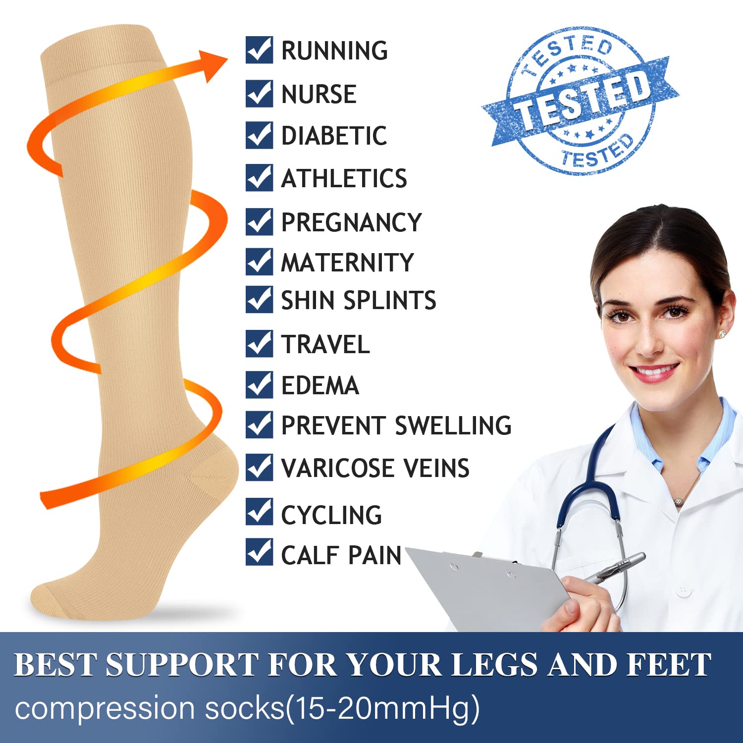 Best Compression Socks for Women & Men - 3 Pairs Medical Grade Support Socks for Improved Circulation, Swelling Relief - Ideal for Nurses, Runners, Travelers & Long Standing Workers