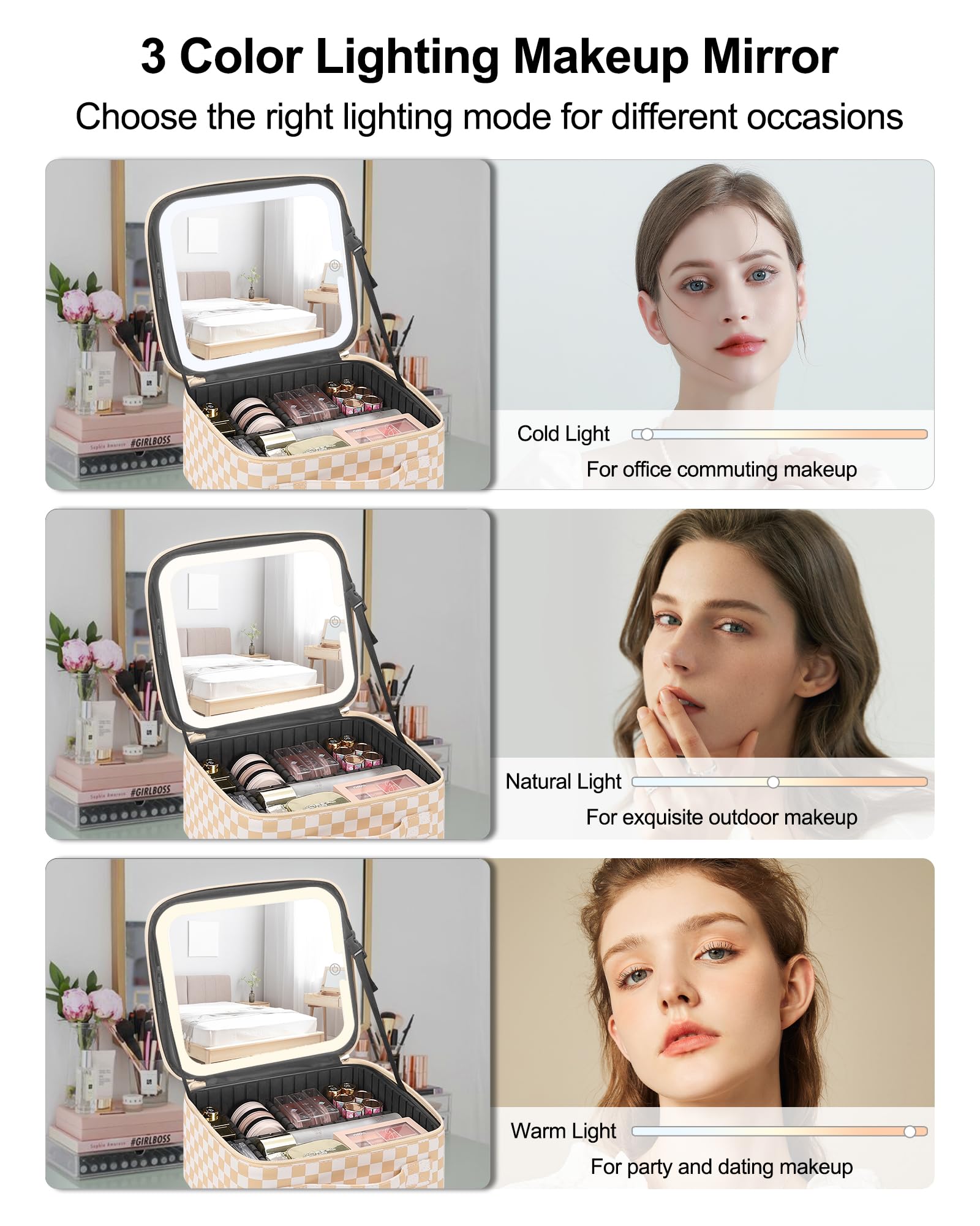 LED Makeup Bag with Lighted Mirror - Large Travel Cosmetic Organizer for Women & Makeup Artists | 3 Adjustable Color Lights, Custom Dividers | Perfect for Travel, Home Vanity & Professional Makeup Kits