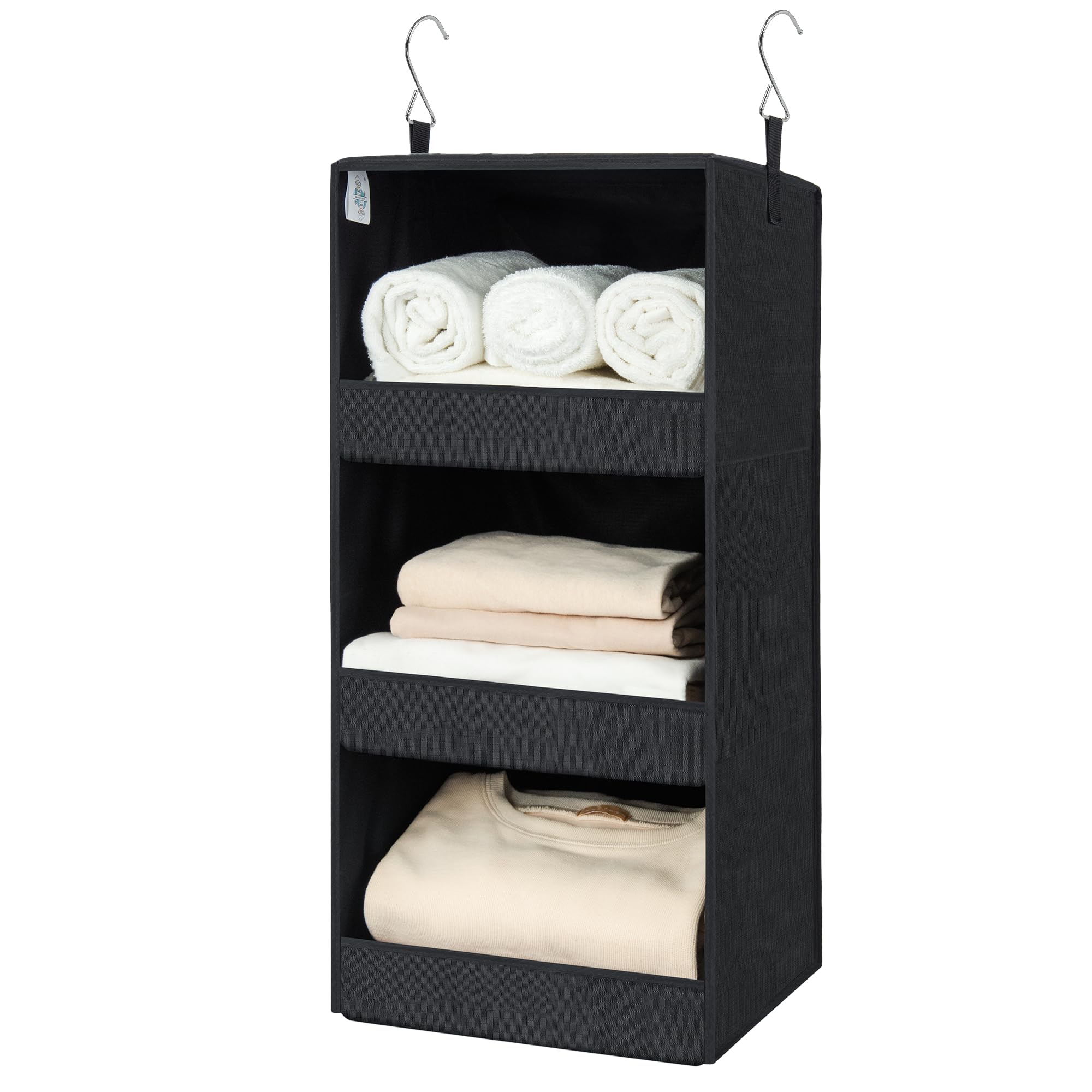 3-Tier Hanging Closet Organizer - Foldable Storage Shelves for Nursery, Bedroom & Closet - Space Saving Black Hanging Shelves (29.5