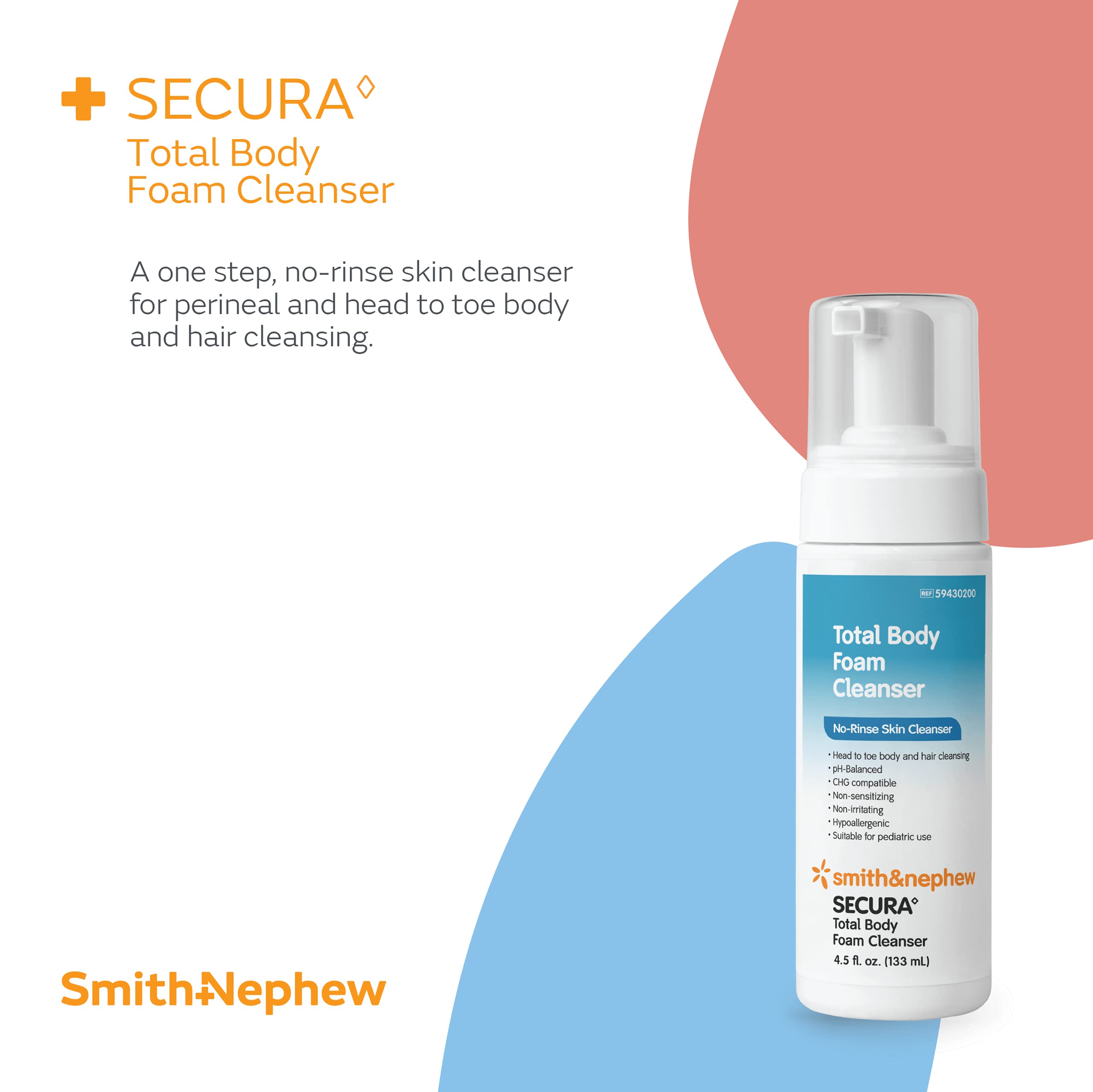 Smith & Nephew SECURA Total Body Foam Cleanser - Waterless Foaming Body Wash for Sensitive Skin, 4.5 oz | Gentle No-Rinse Cleansing for Bedridden Patients & Post-Surgery Care