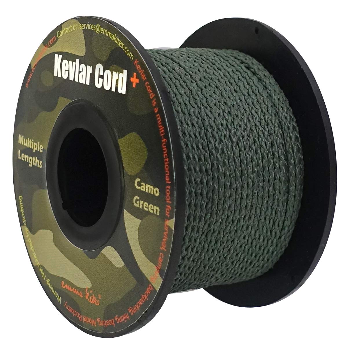 Emma Kites Camo Green Kevlar Braided Rope - 200-1050lbs Heavy Duty Abrasion & Flame Resistant Survival Cord for Tactical Gear, Outdoor Camping, Hiking, Emergency Preparedness and DIY Projects - Compact Roll with Friction Saw Capability