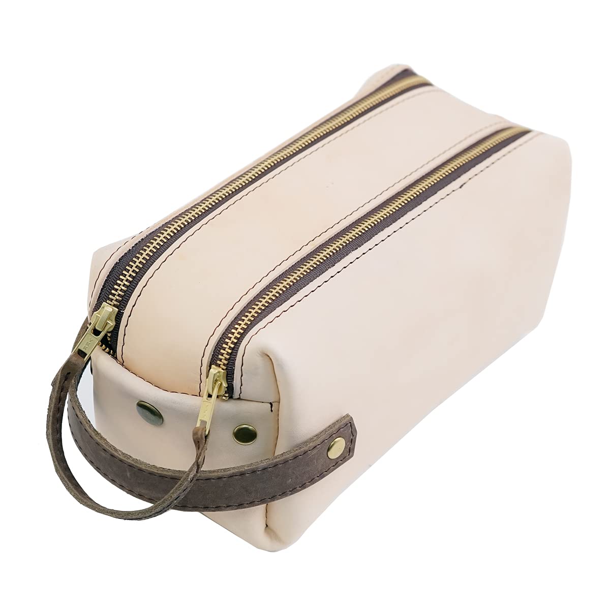 Premium Leather Doiletry Bag for Men - Large Travel Shaving Kit with Handle & Double Zipper - USA Made High Quality Dopp Kit (Natural) - Perfect for Business Trips, Gym & Weekend Getaways