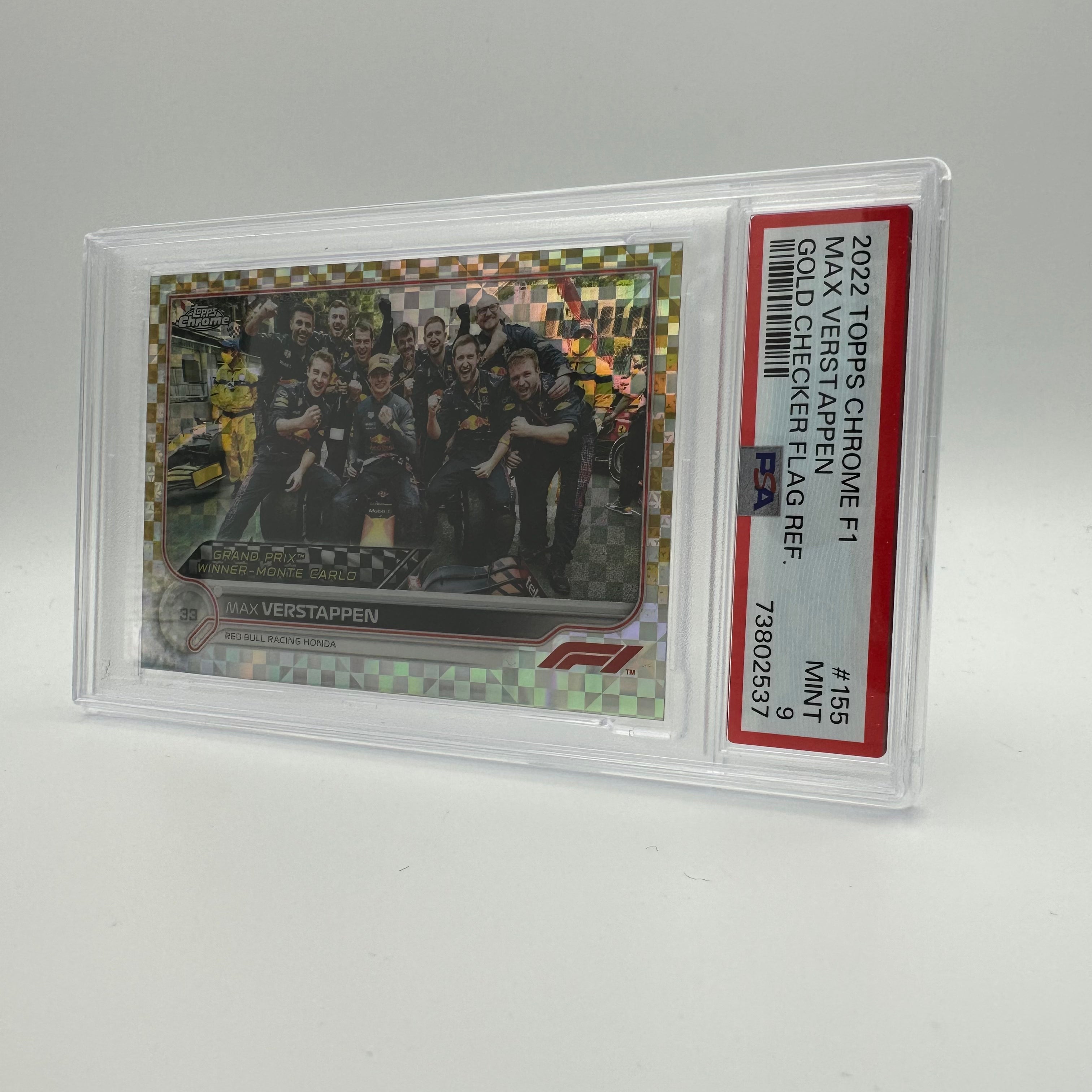 PSA 9 44/50 MAX VERSTAPPEN #155 GOLD CHECKER FLAG REFRACTOR - Rare Collectible Trading Card for F1 Fans, Sports Memorabilia & Investment