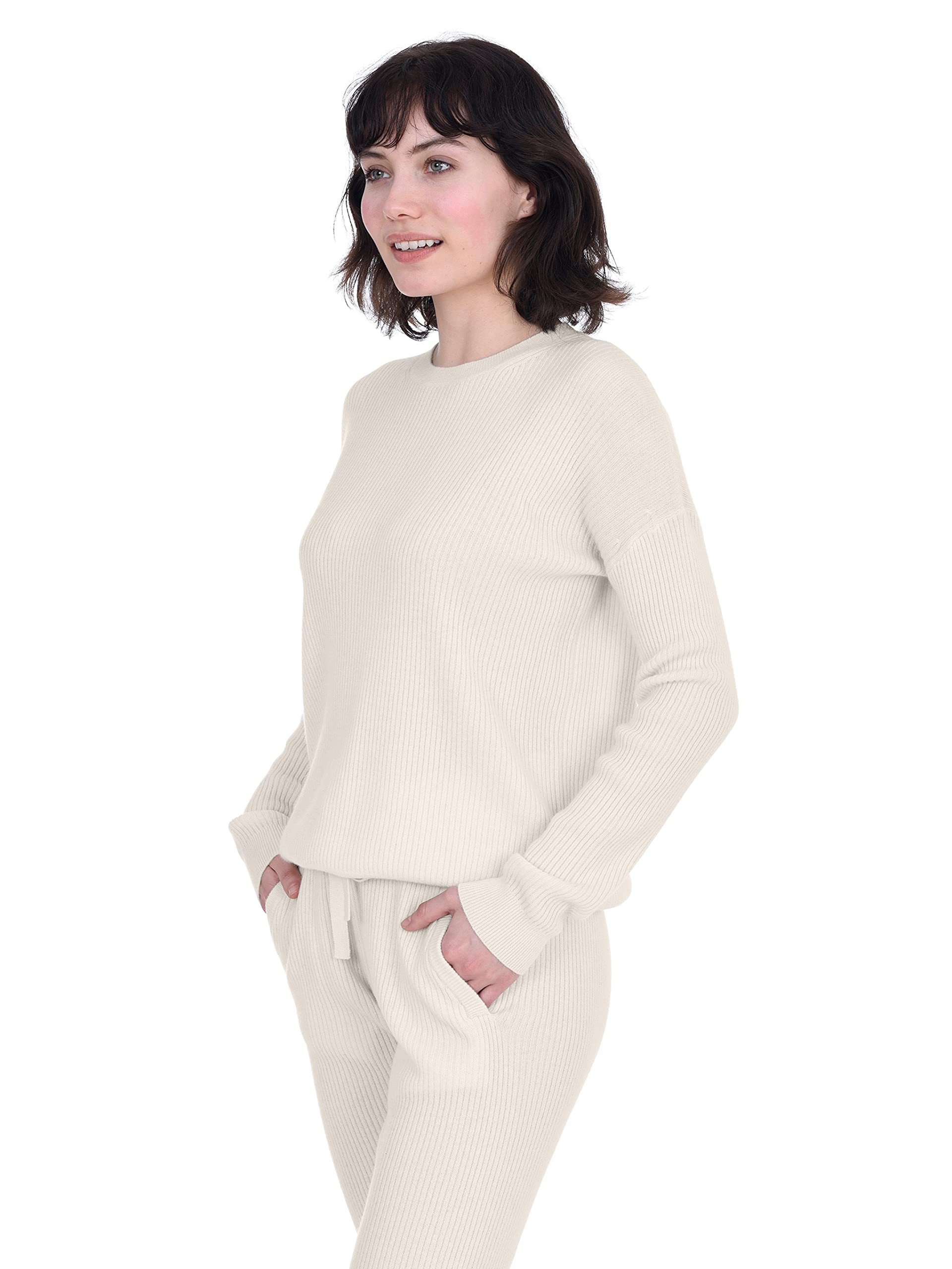 Luxury 100% Pure Cashmere Women's Ribbed Loungewear Set - Long Sleeve Sweater & Joggers (Sold Separately) | Cozy Winter Outfit, Home Relaxation & Casual Chic Style