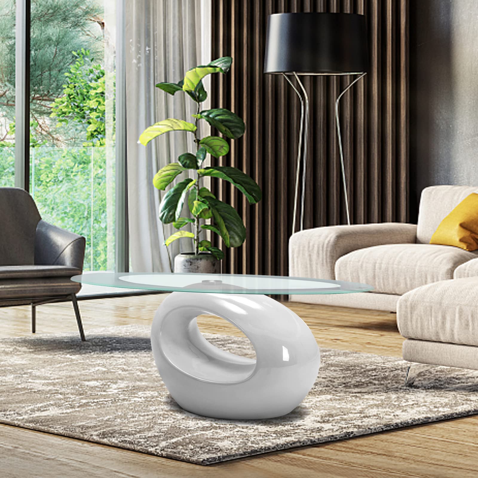 Modern Oval Glass Coffee Table with Tempered Top & Glossy Storage Base - Contemporary Living Room Center Table for Sofa & Lounge Areas - White