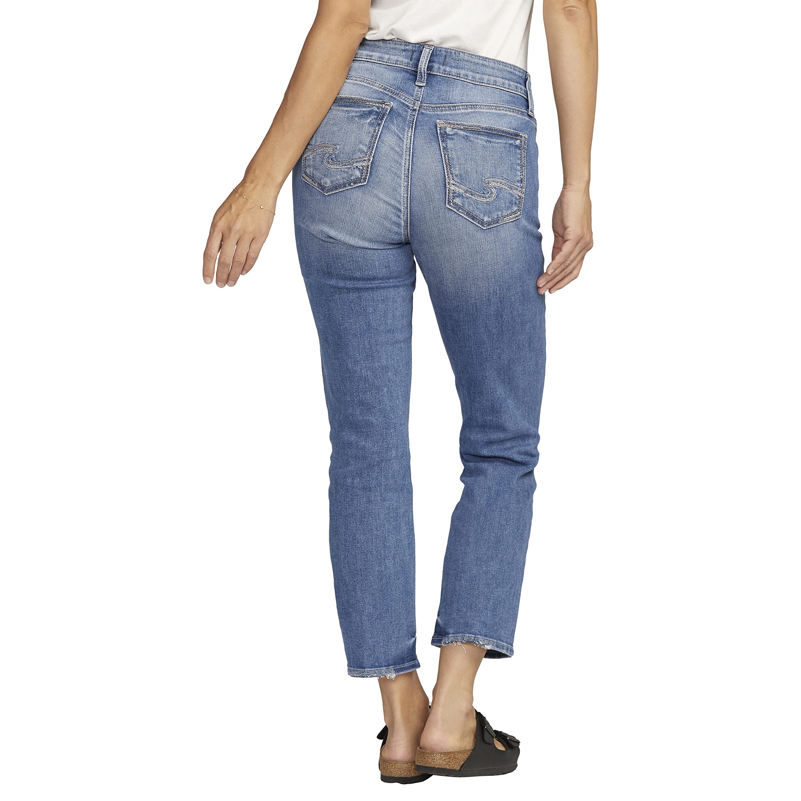 Silver Jeans Co. Women's Elyse Mid Rise Comfort Fit Straight Crop Jeans - Stylish & Comfortable Denim Pants for Casual Wear, Office & Everyday Outfits