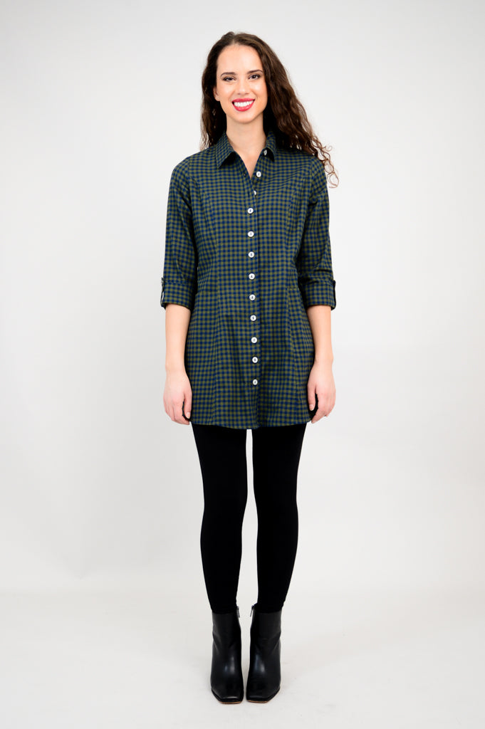Larissa Tunic Top - Women's Cotton Flannel Shirt with Island Plaid Print - Casual Long Sleeve Button Down for Fall & Winter, Perfect for Office, Travel and Weekend Outings