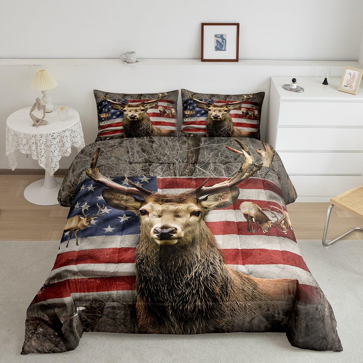 American Flag Deer Comforter Set Twin Size - Kids Boys Room Decor with Brown Wildlife Animal & Trees Theme Bedding - USA Flag Print Duvet Set with 1 Pillowcase - Soft & Colorful for Cozy Bedroom, Dorm or Cabin Decor