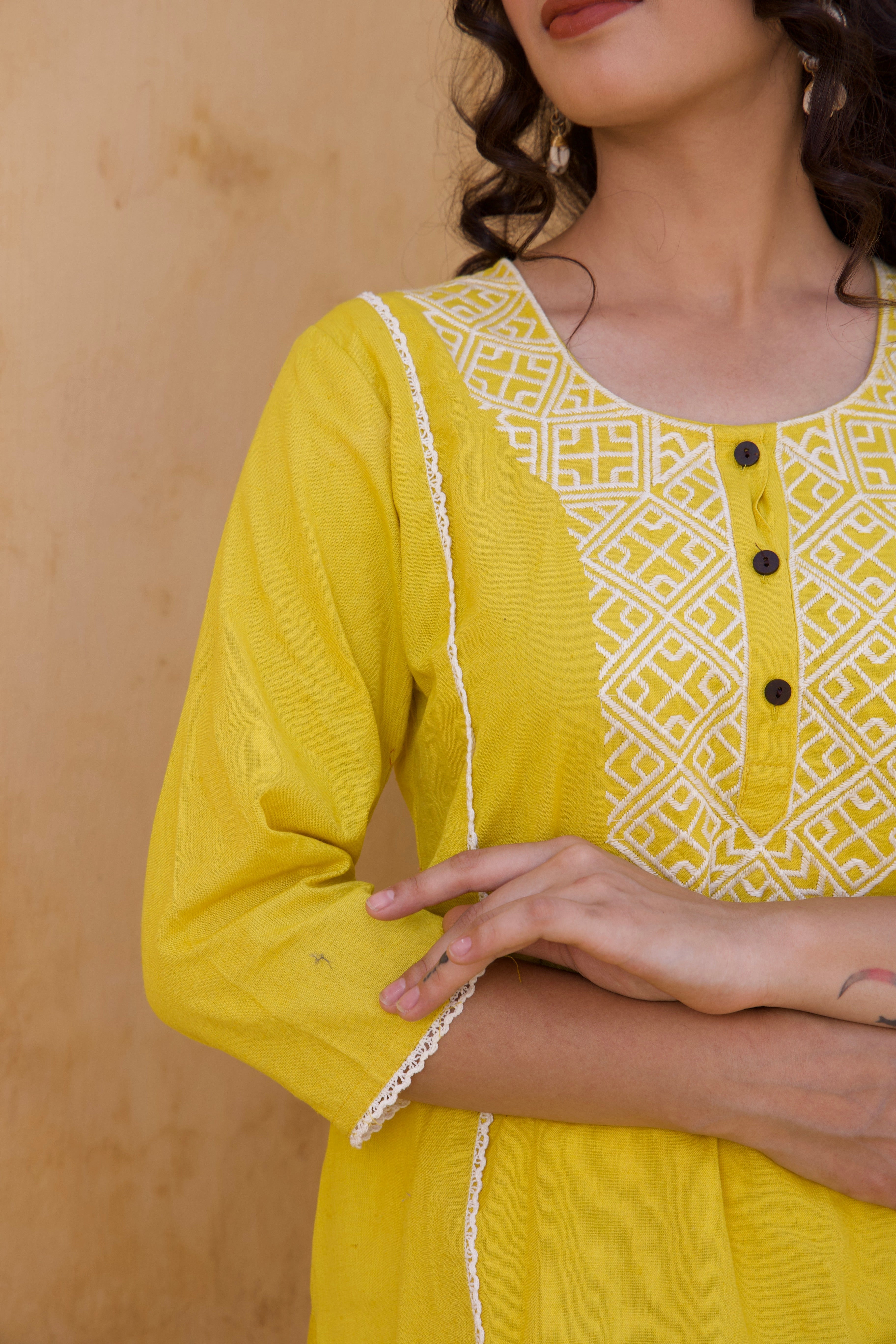 White and Yellow Embroidered Kurta and Pants Set for Women | Traditional Indian Ethnic Wear | Perfect for Festivals, Weddings & Special Occasions