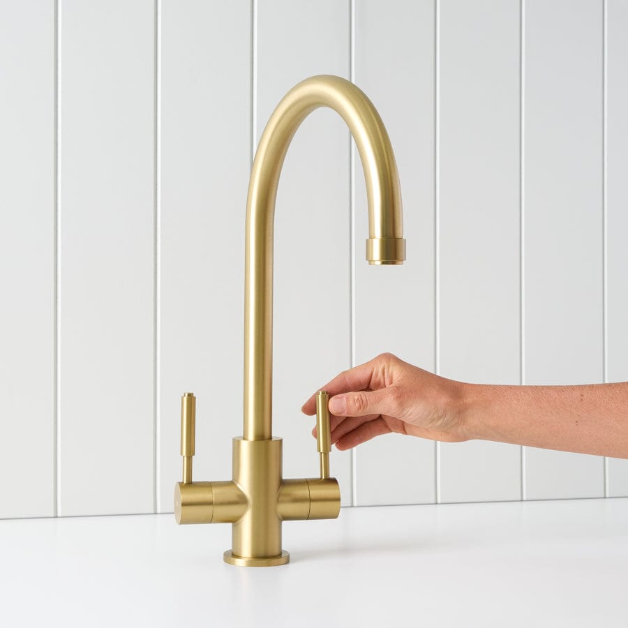 Premium Brushed Brass Melbourne Twin Tap Kitchen Mixer - Modern Two-Handle Faucet for Sink, Perfect for Home Kitchen & Bar Renovation