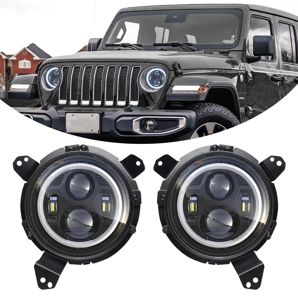 LOYO 7 LED Spider Headlight with Halo DRL + 9 LED Mounting Bracket Ring Compatible with 2018-2023 Jeep Wrangler JL & Gladiator - Off-Road Lighting Upgrade for Night Driving & Adventure
