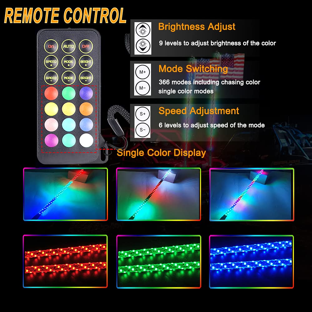 2PCS 4FT(1.2M) RF Remote Control RGB LED Whip Lights with Dancing/Chasing Effects - Waterproof LED Antenna Lights for Off-Road Vehicles, ATV, UTV, RZR, Jeep, Trucks - Perfect for Night Rides, Dune Bashing & Outdoor Adventures