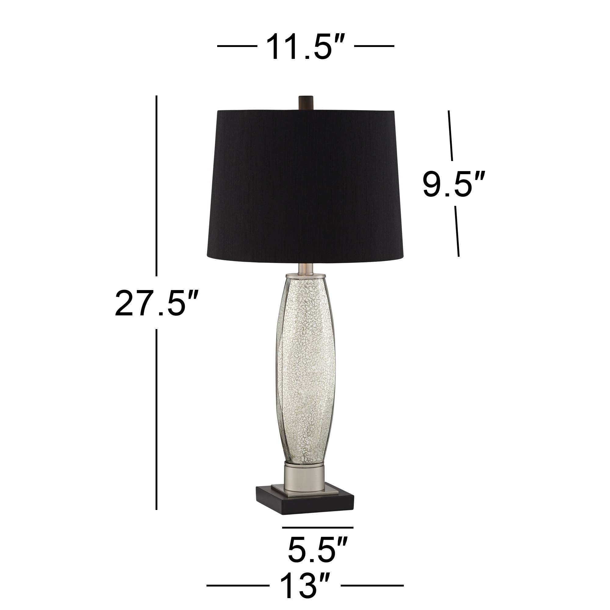 Regency Hill Landro Modern Luxury Table Lamps - Set of 2 Mercury Glass Silver Black Fabric Tapered Drum Shade, 27.5