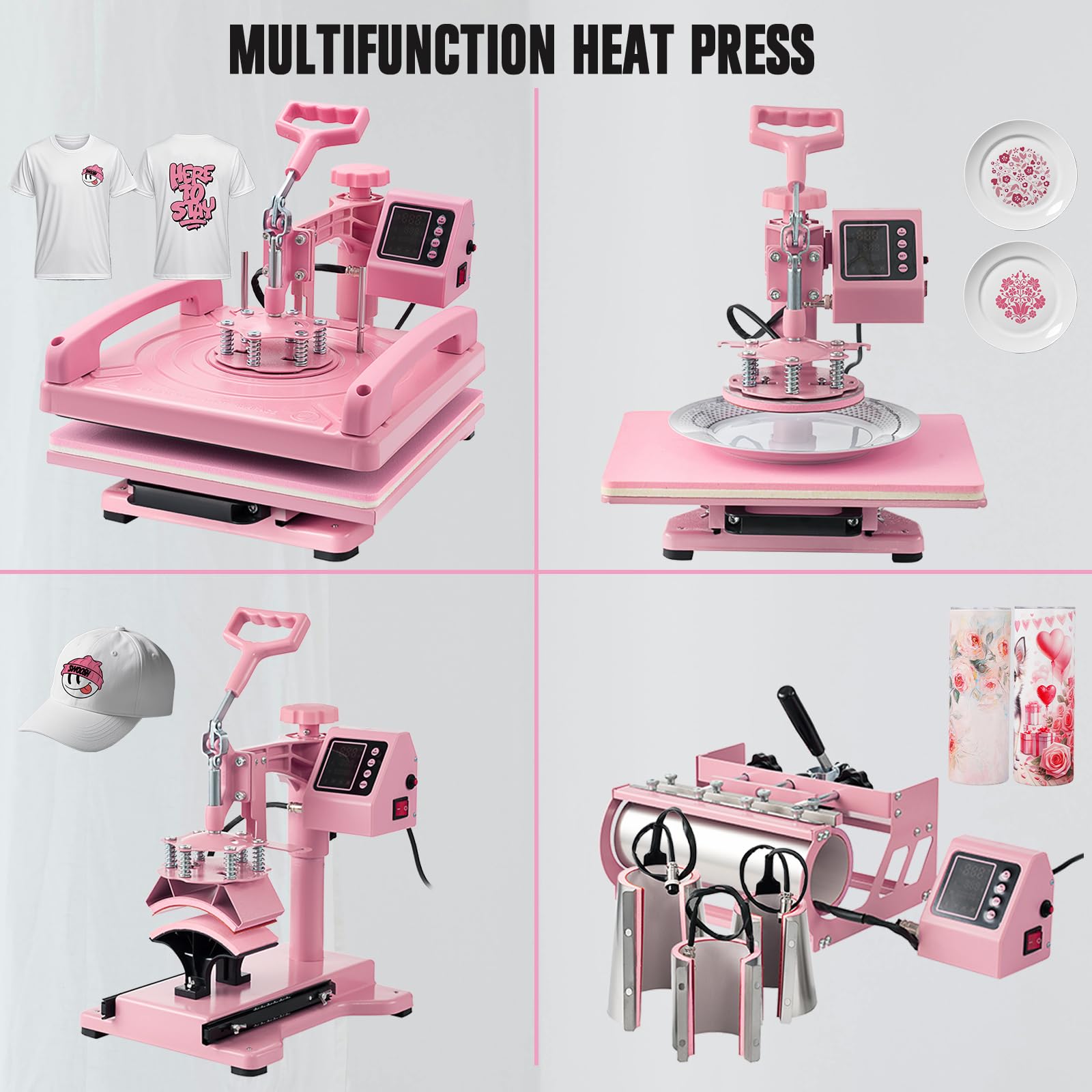 8 in 1 Heat Press Machine 15x15 Inch - Digital T-Shirt, Hat, Mug & Plate Heat Transfer Press with 360° Swing Away & 30OZ Tumbler Press (Pink) - Perfect for DIY Custom Apparel, Sublimation Projects & Small Business Printing