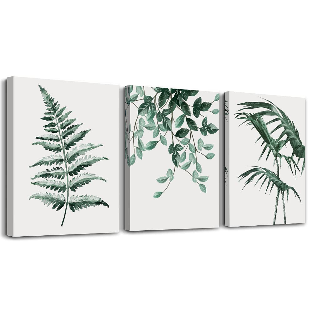 Modern Green Plant Canvas Wall Art Set of 3 - Farmhouse Home Decor for Bedroom, Living Room, Kitchen, Office & Bathroom | Ready-to-Hang Nature Inspired Paintings for Housewarming Gifts & Interior Design