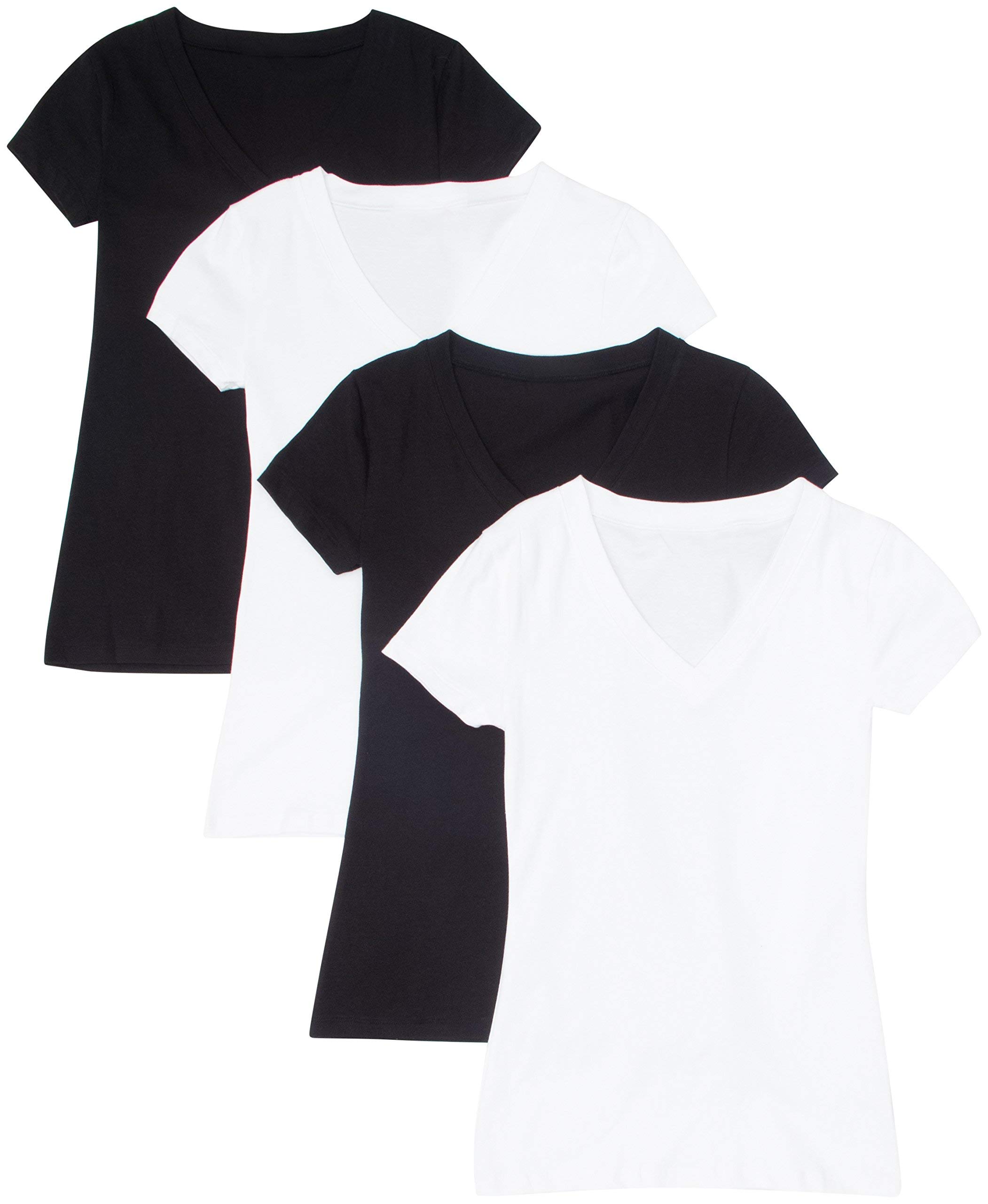 4 Pack Zenana Women's Basic V-Neck T-Shirts - Soft Cotton Casual Tees for Everyday Wear, Layering & Lounge Outfits