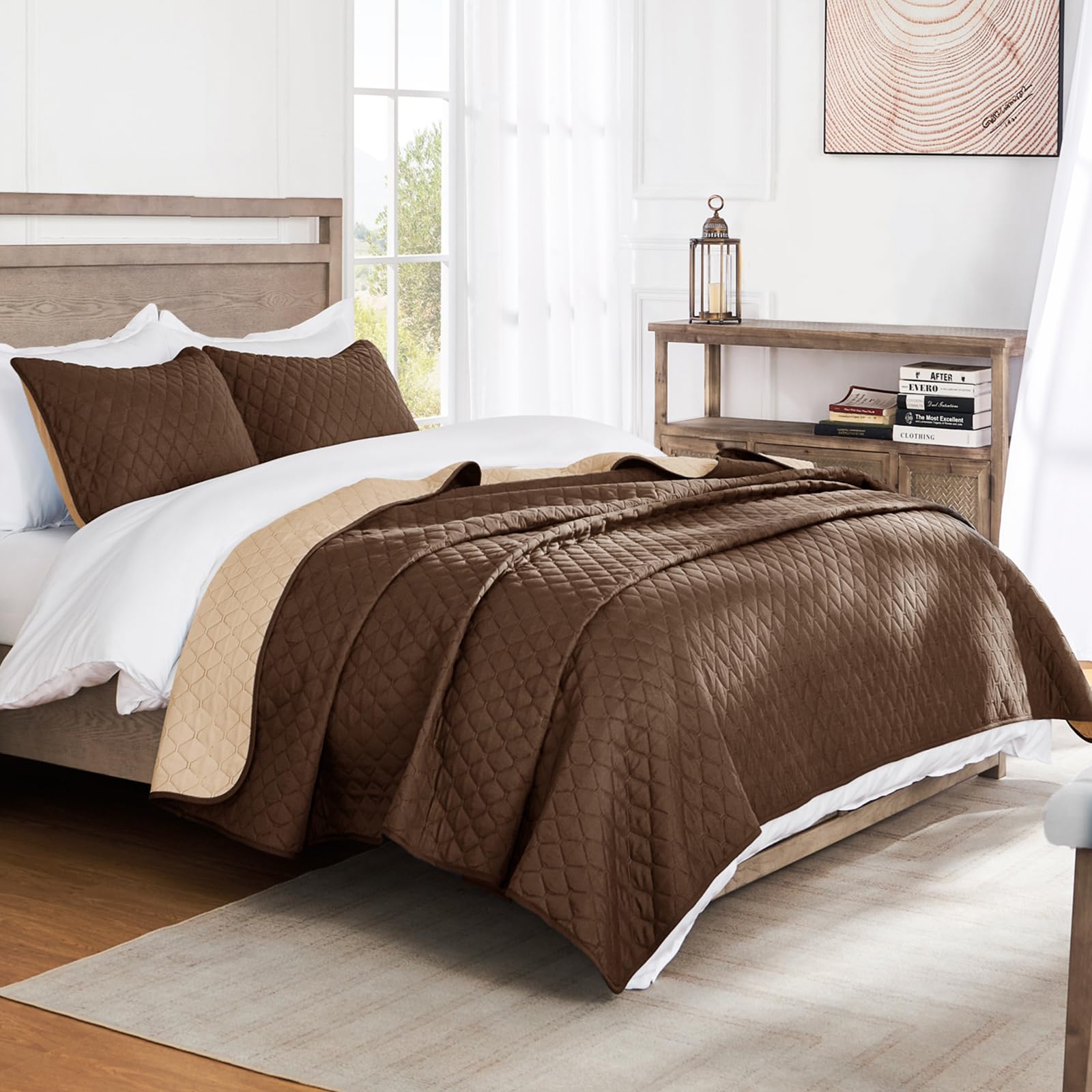 Reversible Ultrasonic Full/Queen Quilt Bedding Set with Pillow Shams - Lightweight All-Season Soft Bedspread Coverlet (Chocolate Brown, 90x96 Inches) - Perfect for Master Bedrooms, Guest Rooms & Cozy Home Decor