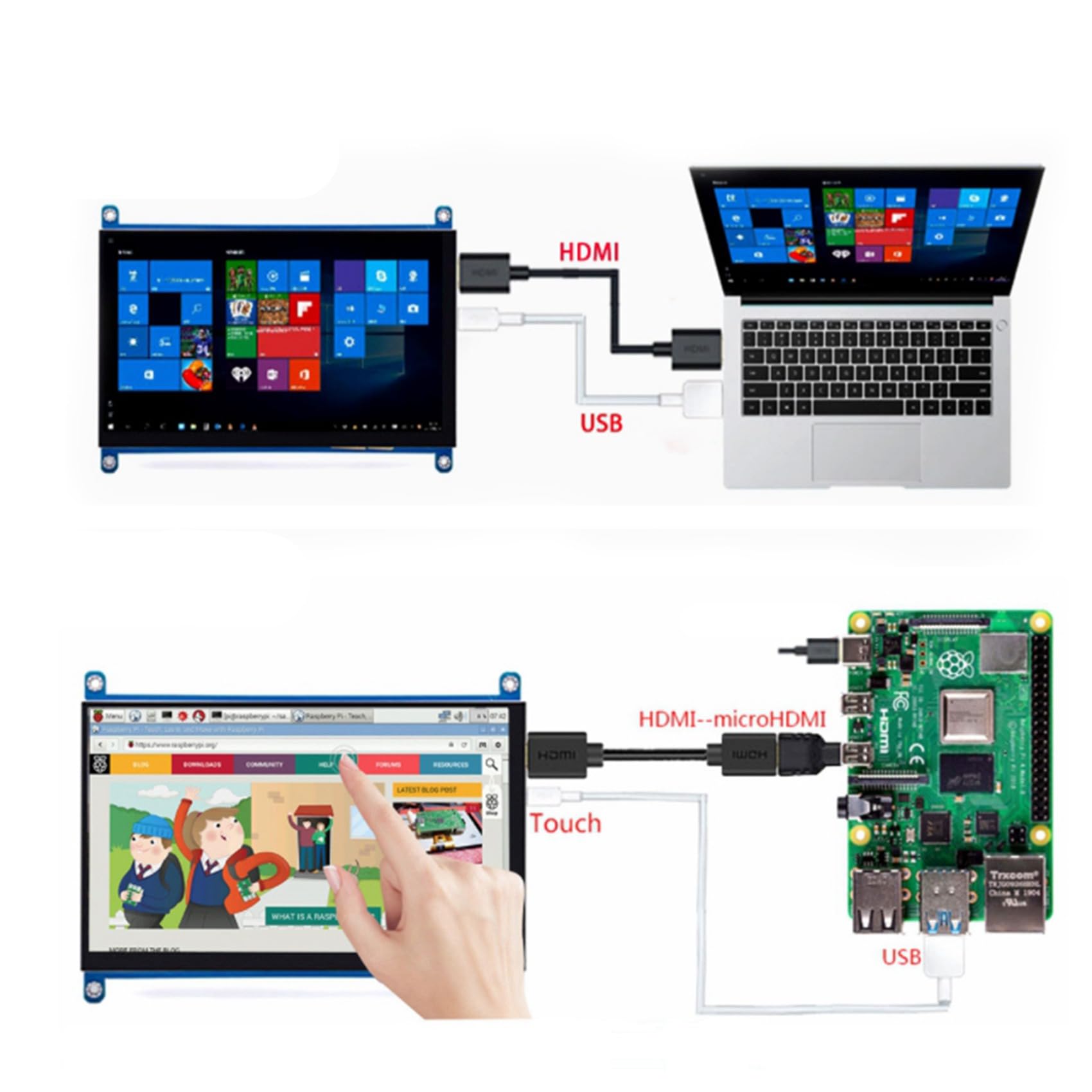 Plawee 2X 7 Inch USB LCD Display Monitor - 1024X600 HD Capacitive Touch Screen, Portable Second Monitor for Laptop/PC/Phone (Compatible with Windows/Mac/Android) - Perfect for Work, Gaming & Travel