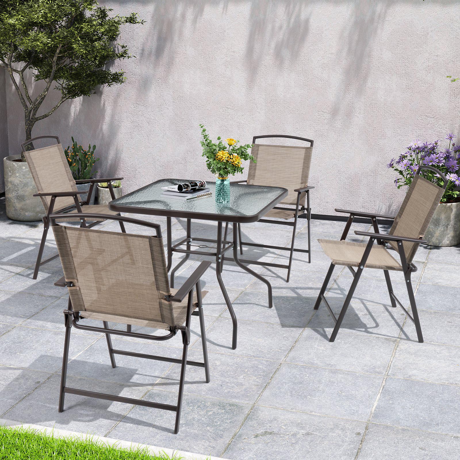**Crestlive 5-Piece Outdoor Patio Dining Set with 4 Folding Chairs & Square Glass Table - Beige Bistro Furniture for Garden, Backyard, Deck - Perfect for BBQs, Parties & Relaxing Outdoors**