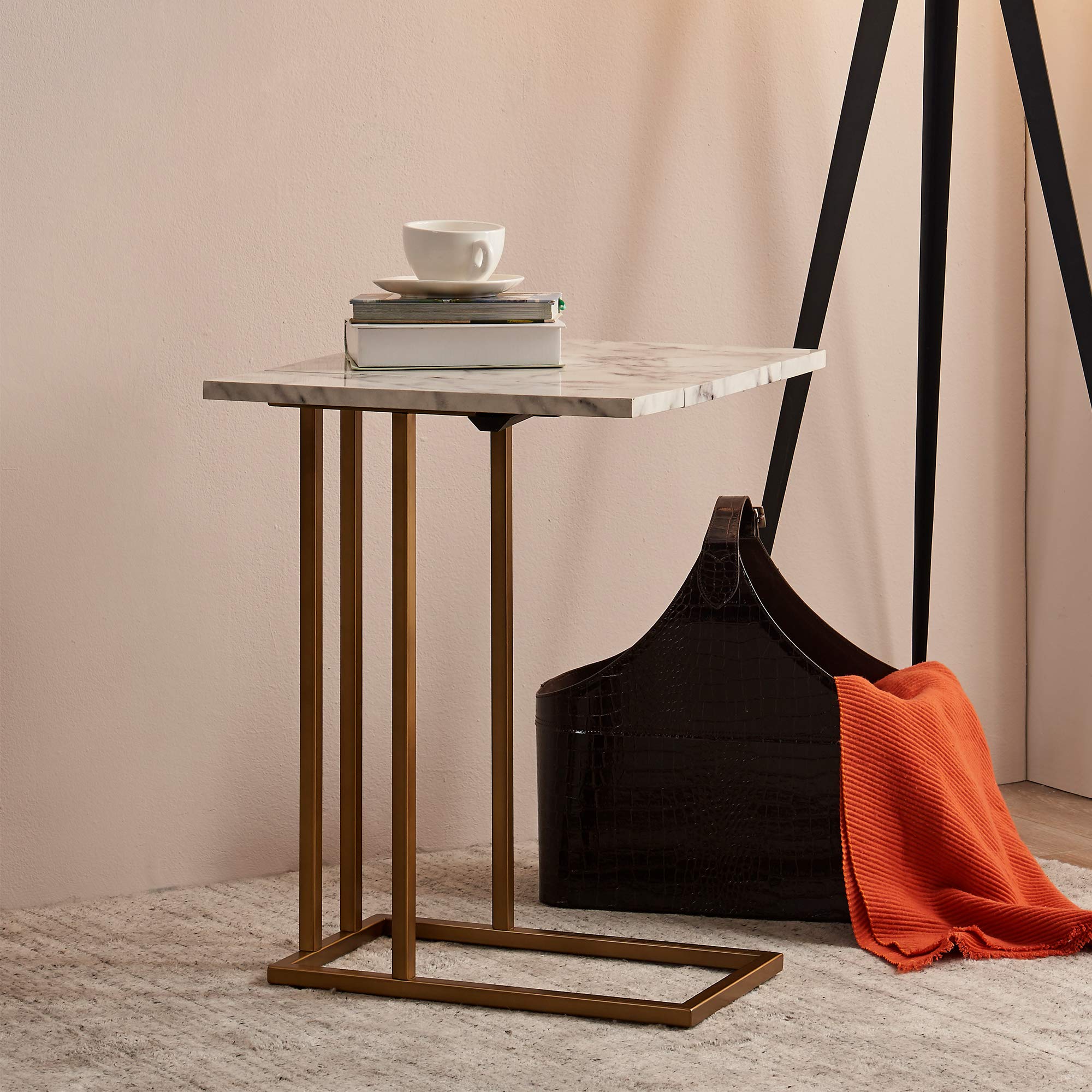 Versanora Marmo C-Shaped Accent Side Table with Faux Marble Top - 25 Inch Height, Brass Finish - Perfect for Living Room, Home Office & Bedroom Decor