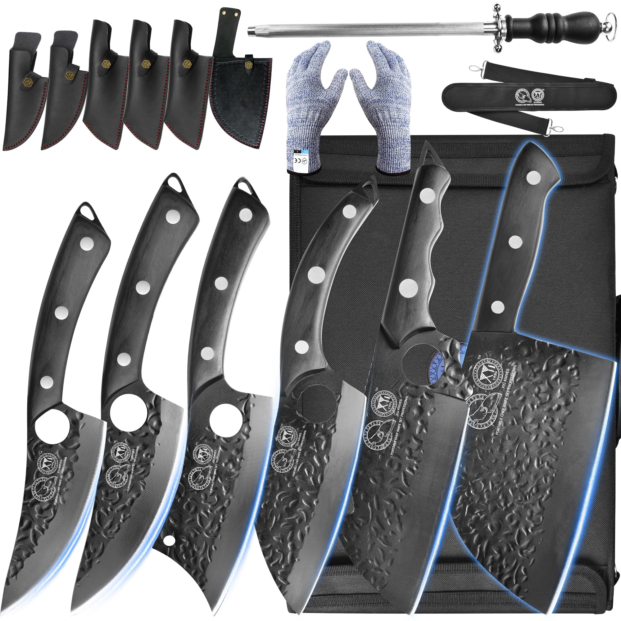 XYJ Authentic Since 1986 - Professional 6-Piece Camping Knife Set with Leather Sheath & Roll Bag - Chef, Butcher, Boning, Vegetable & Slicing Knives - Perfect for Outdoor Camping, Hunting & Kitchen Use (Black)