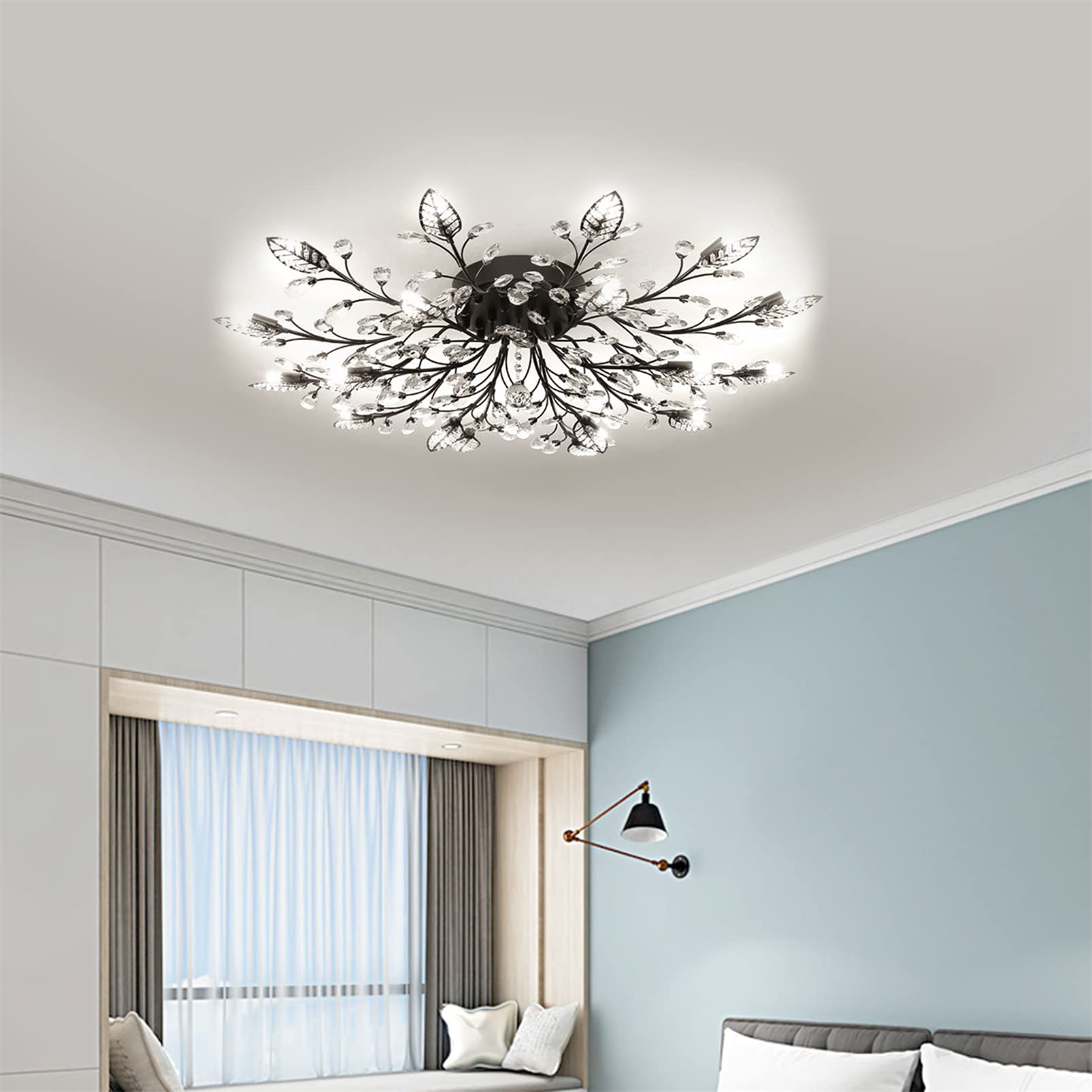TFCFL Modern Clear Crystal Ceiling Chandelier - 18-Light Leaf Design Flush Mount LED Fixture with 40W G9 Bulbs (White Light) - Elegant Lighting for Living Room, Bedroom, Dining Room & Hallway
