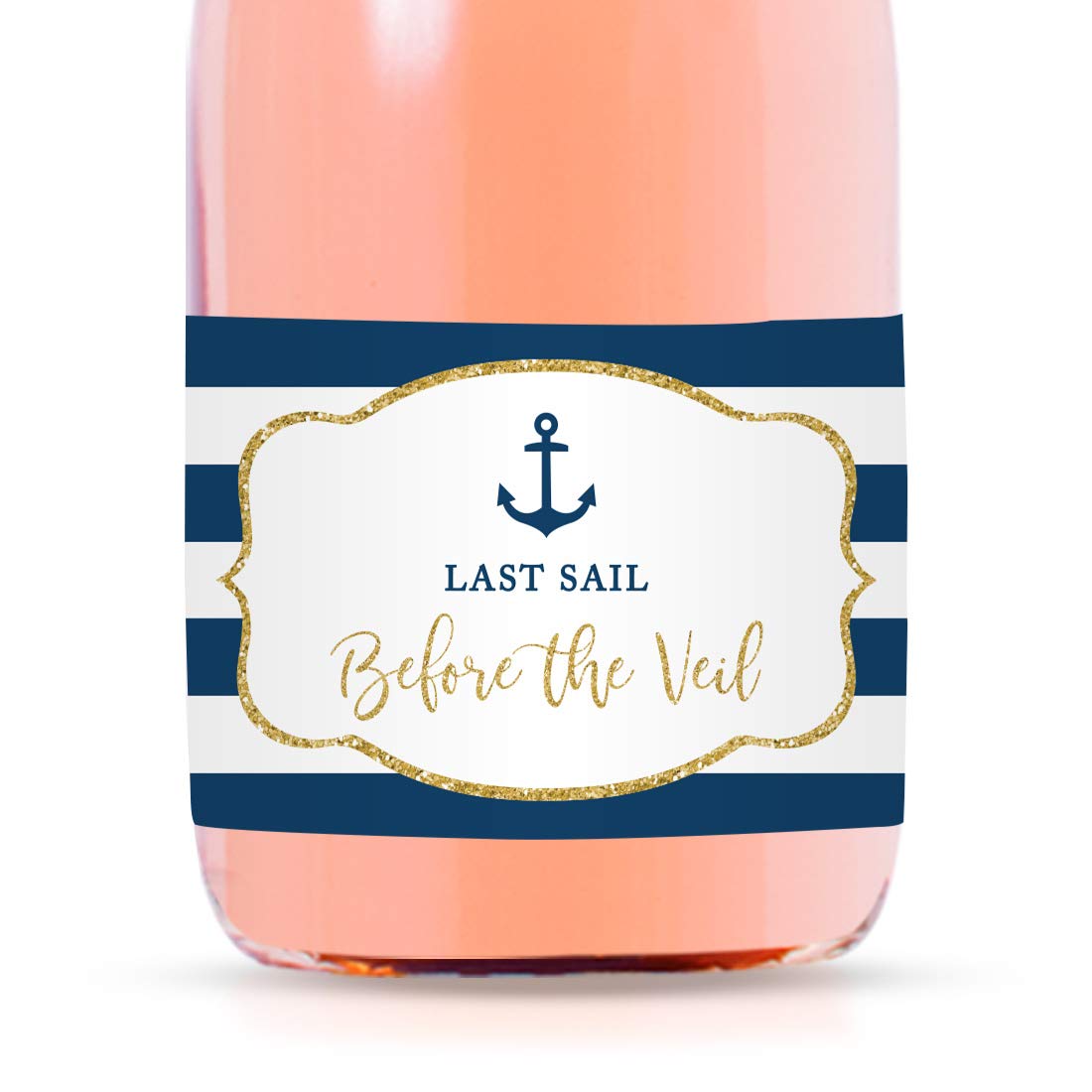 Custom Nautical Navy Blue Stripes & Gold Glitter Bachelorette Wine Labels - 20-Pack Waterproof Mini Champagne Bottle Stickers for Wedding, Bridal Shower & Party Decor | Last Sail Before The Veil Theme
