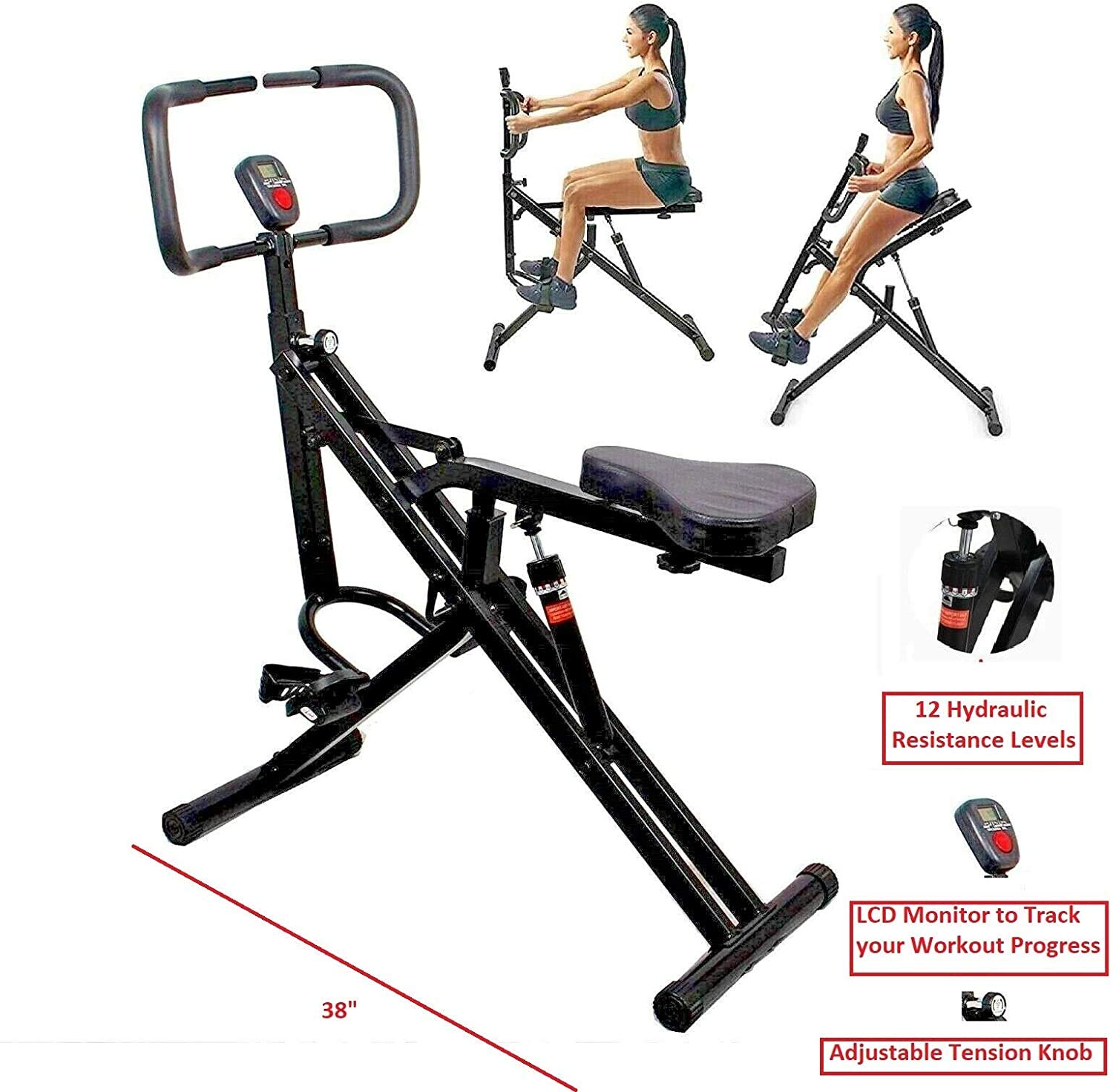 Power Rider Ab Core Squat Glute Exercise Machine - Home Gym Equipment for Abdominal Crunch, Cardio & Full Body Workout with LCD Monitor - Perfect for Home Fitness, Toning & Weight Loss