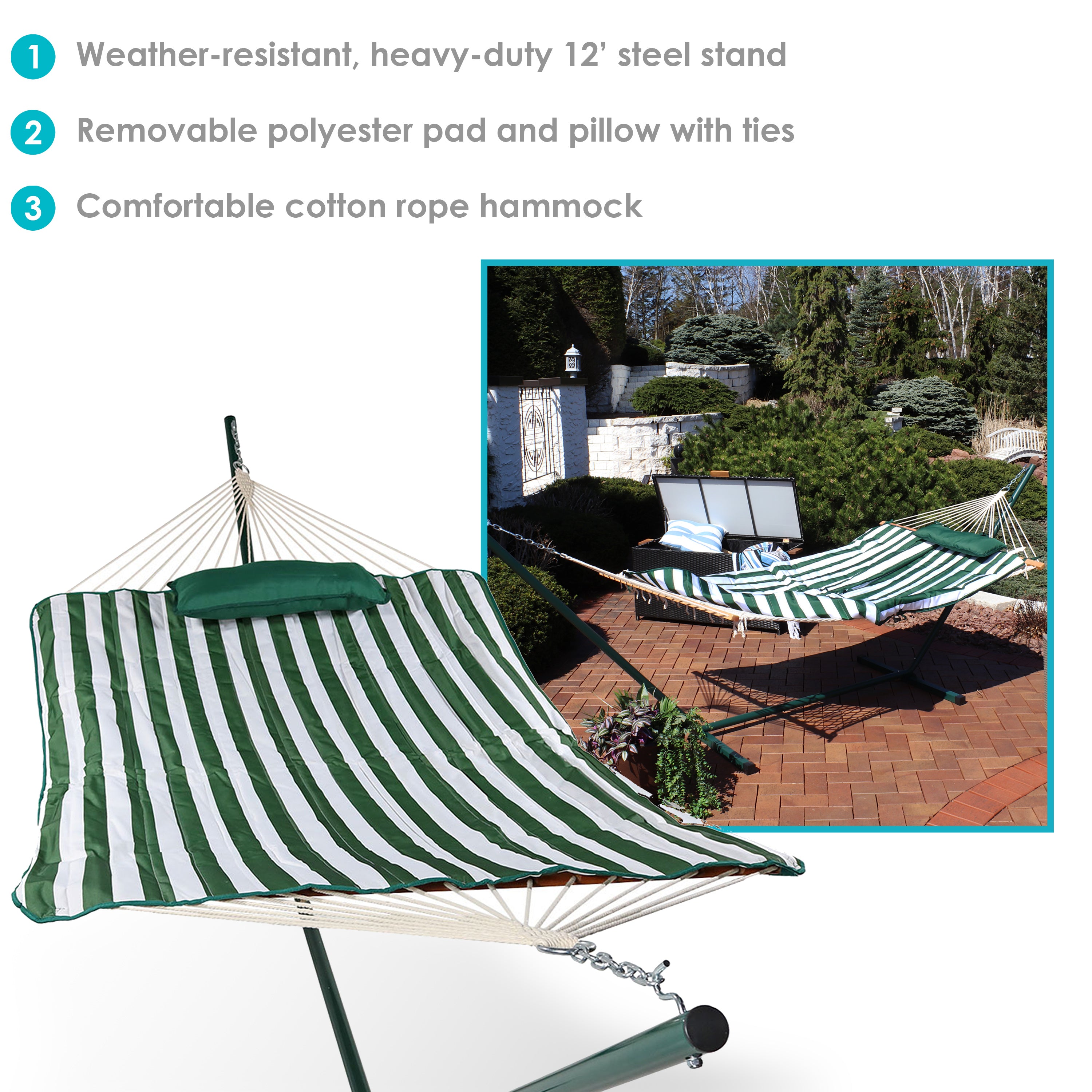 Premium Sunnydaze Rope Hammock with 12-Foot Steel Stand, Comfortable Pad & Pillow - Perfect for Backyard Relaxation, Beach Lounging & Outdoor Camping