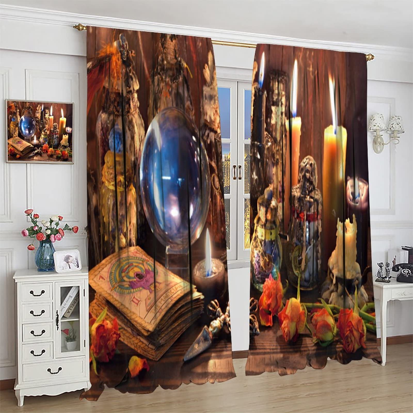Gothic Witchcraft Magic Printed Blackout Curtains - Tarot Alchemy Window Drapes for Bedroom, Living Room & Kitchen - Halloween Decor (2 Panels, 42x45 Inches) - Perfect for Spooky Themed Rooms & Witchy Aesthetic Home Decor