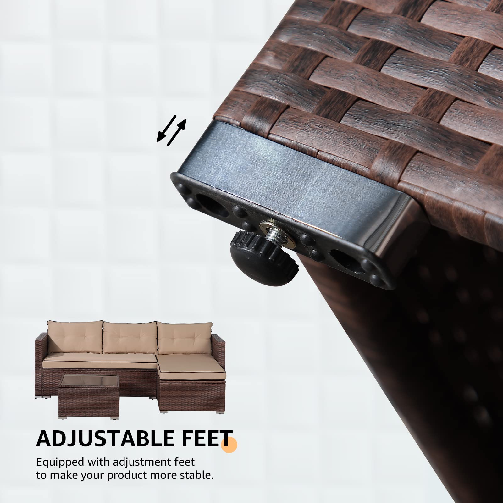 OC Orange-Casual 3-Piece All-Weather Outdoor Patio Furniture Set - Wicker Sectional Sofa with Glass Coffee Table, Brown Rattan & Beige Cushions for Deck, Balcony, Porch, Backyard & Garden Relaxation
