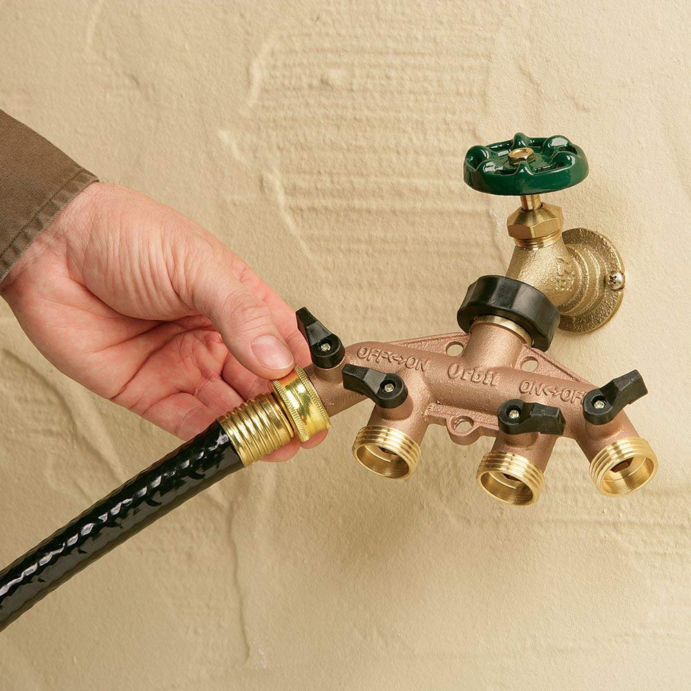 Orbit 3 Pack 4 Port Brass Water Hose Faucet Manifold Splitter with Shut Off Valves 62010N - Perfect for Garden Irrigation, Lawn Sprinkler Systems & Outdoor Watering