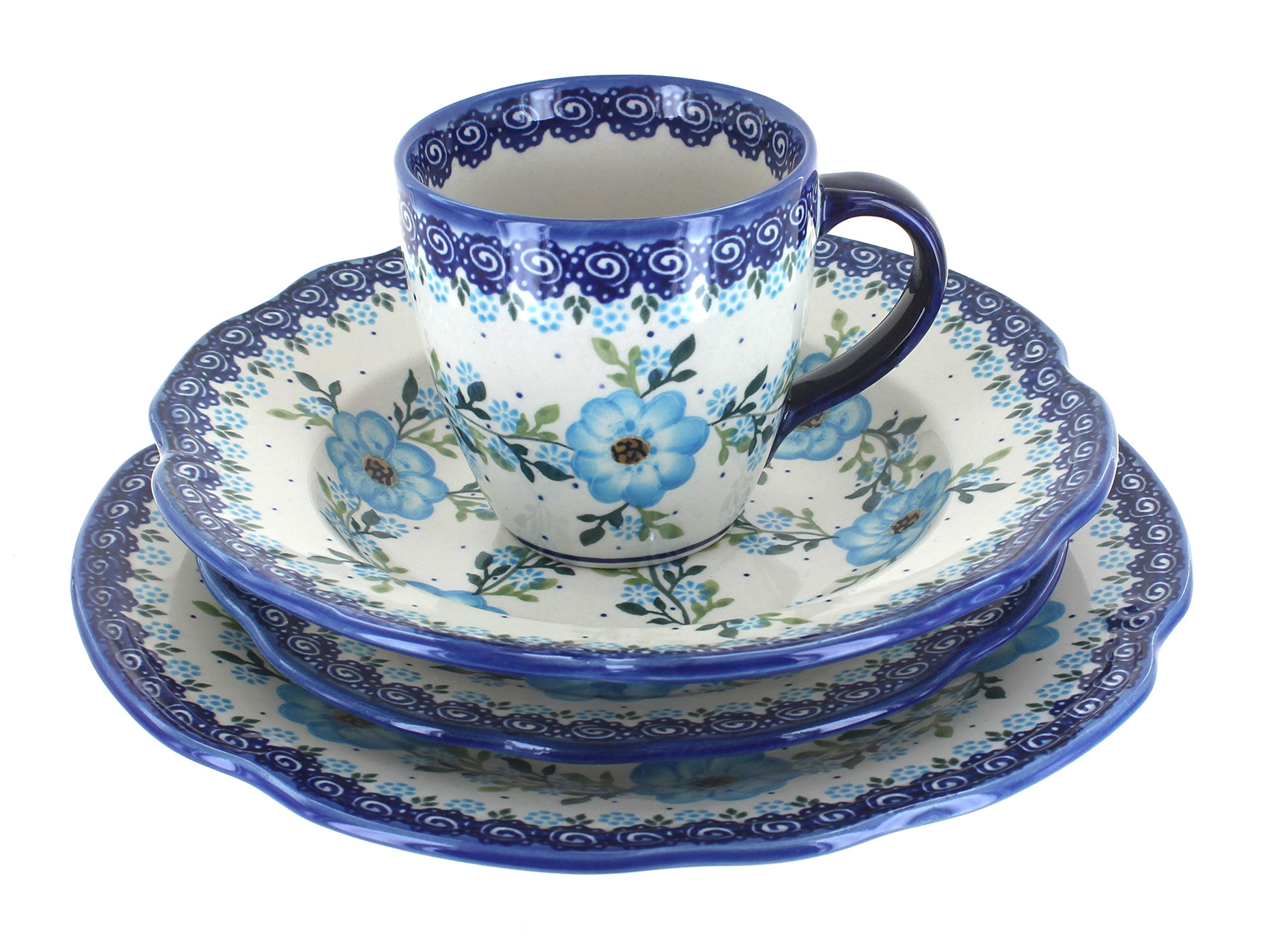 Blue Rose Polish Pottery Daphne 4-Piece Dinnerware Set - Handcrafted Ceramic Plate, Bowl, Cup & Saucer for Elegant Dining | Perfect for Weddings, Anniversaries & Special Occasions