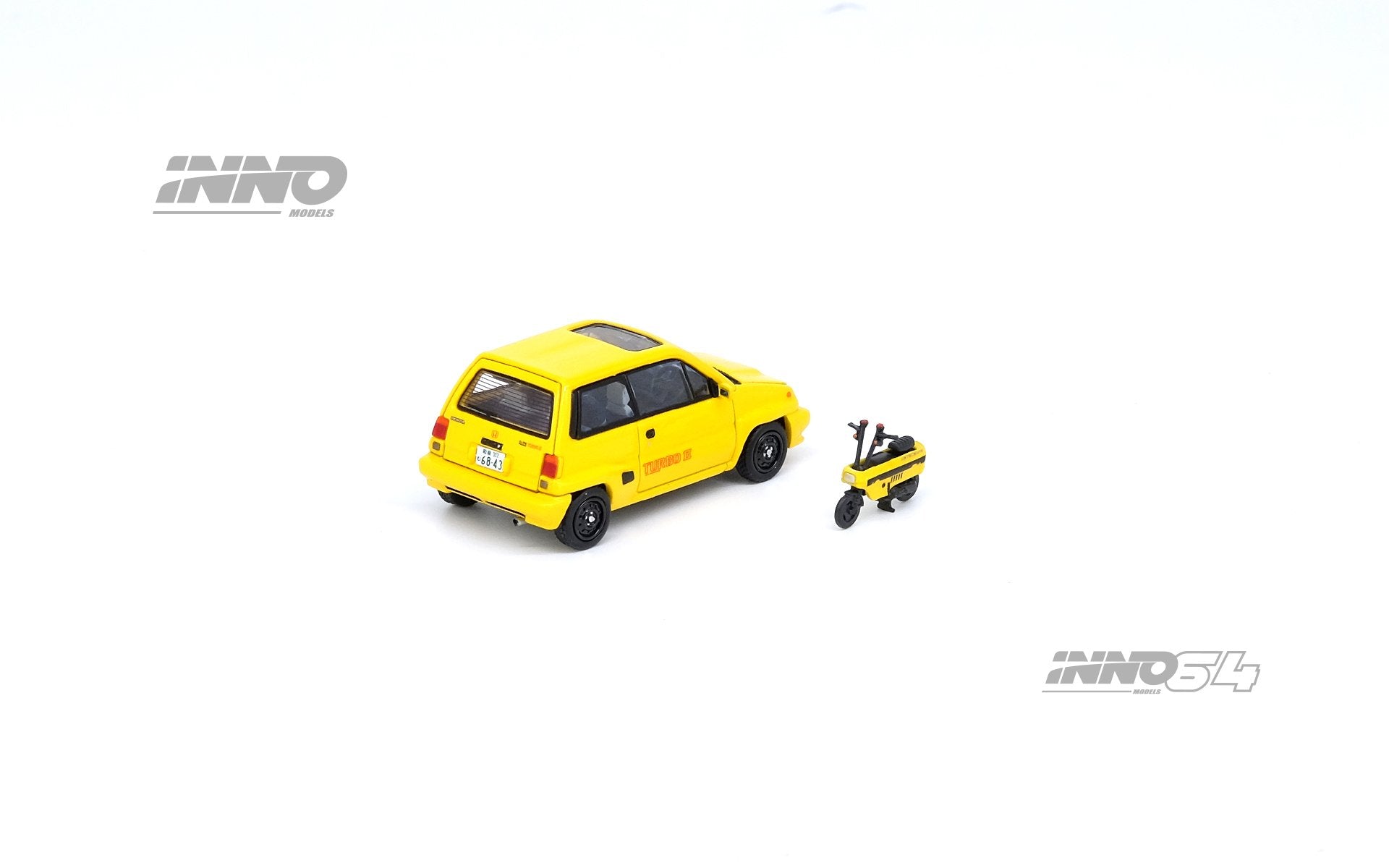 INNO64 1:64 Scale Diecast Honda City Turbo II Yellow Model Car with Motocompo - Perfect for Collectors, Display, and Miniature Racing Scenes