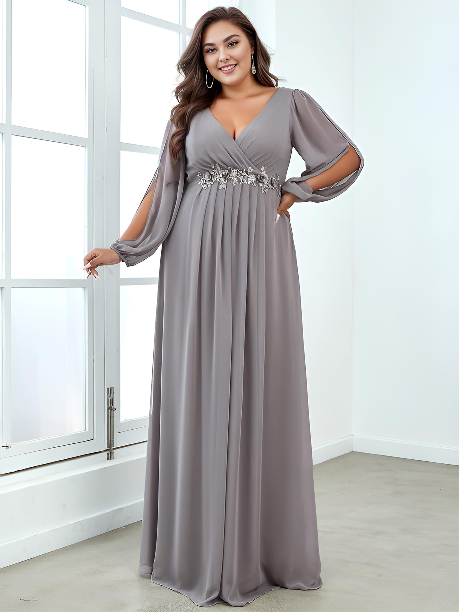 Ever-Pretty Plus Size Women's Formal Dress - Floor Length V-Neck Floral Applique Lantern Sleeve Gown for Curvy Women | Wedding Guest, Prom, Evening Party & Special Occasion Wear