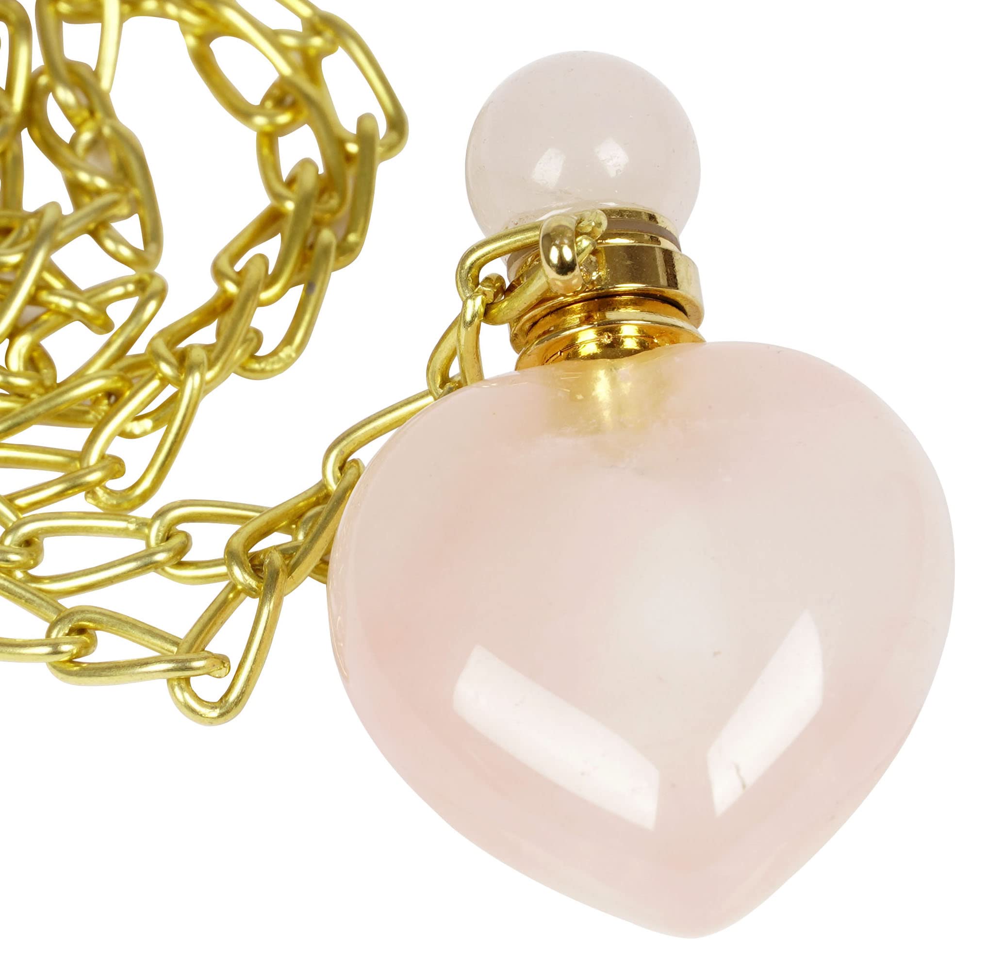 Natural Rose Quartz Pendant Necklace - Healing Crystal Gemstone Perfume Bottle Essential Oil Diffuser with Gold Plated Chain for Men & Women | Spiritual Healing, Meditation & Fashion Jewelry Gift