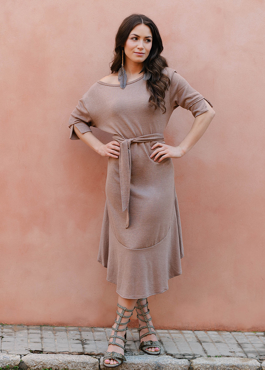Kayliyah Women's Elegant Floral Print Midi Dress in Doe Brown - Perfect for Casual Outings, Office Wear & Special Occasions