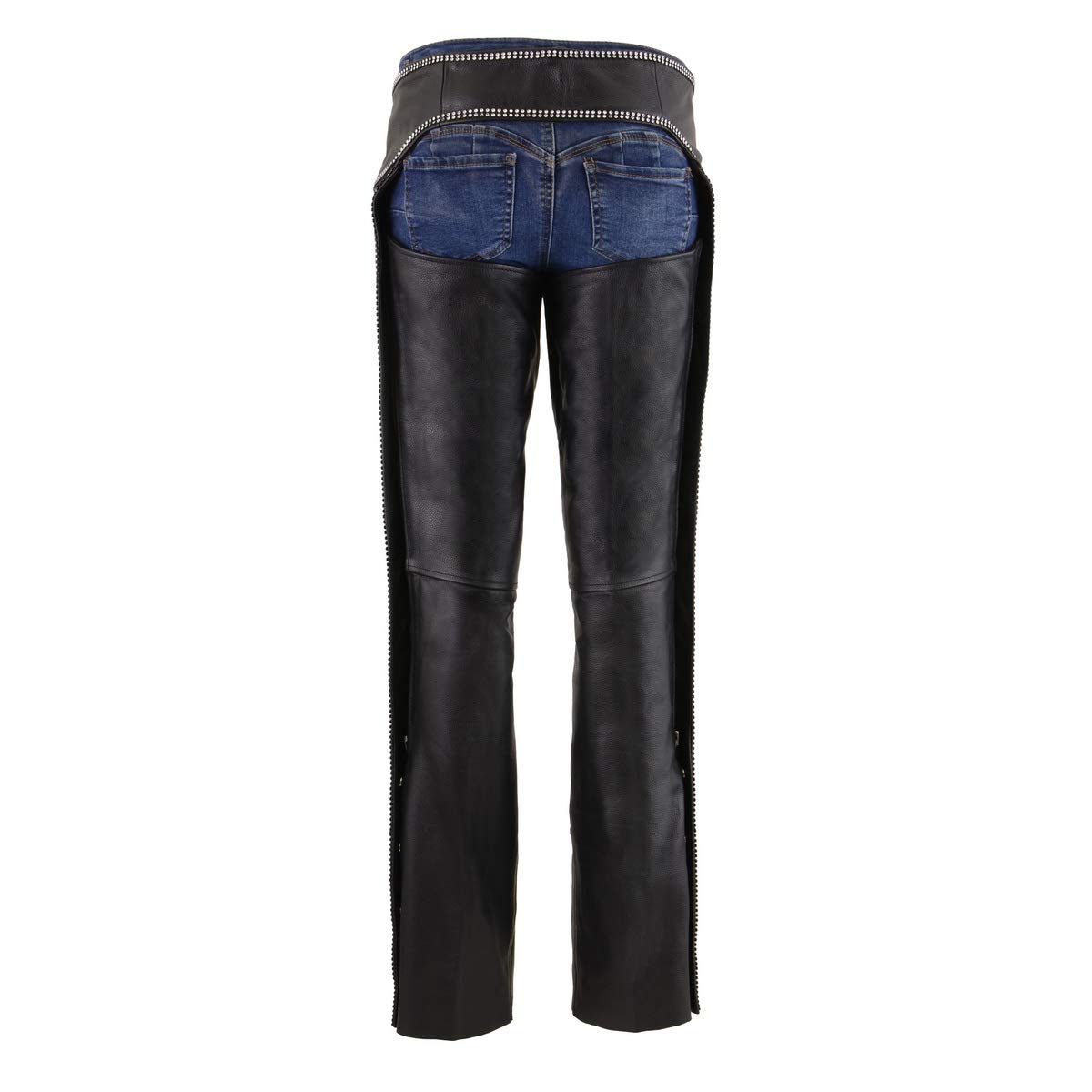 Milwaukee MLL6502 Women's Black Premium Leather Motorcycle Chaps with Rhinestones & D-Rings - Stylish & Protective Riding Gear for Harley, Cruiser & Biker Fashion