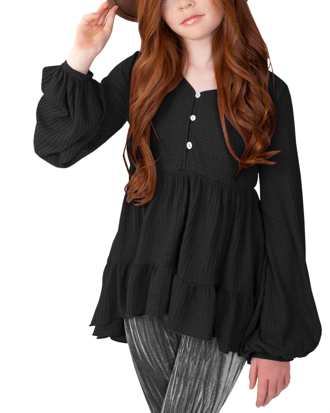 Popheartgo Girls Waffle Tunic Tops - Cute Babydoll Peplum Blouse with Ruffles, Loose Long Sleeve High-Low Jumper for Kids | Perfect for School, Parties, and Casual Outings