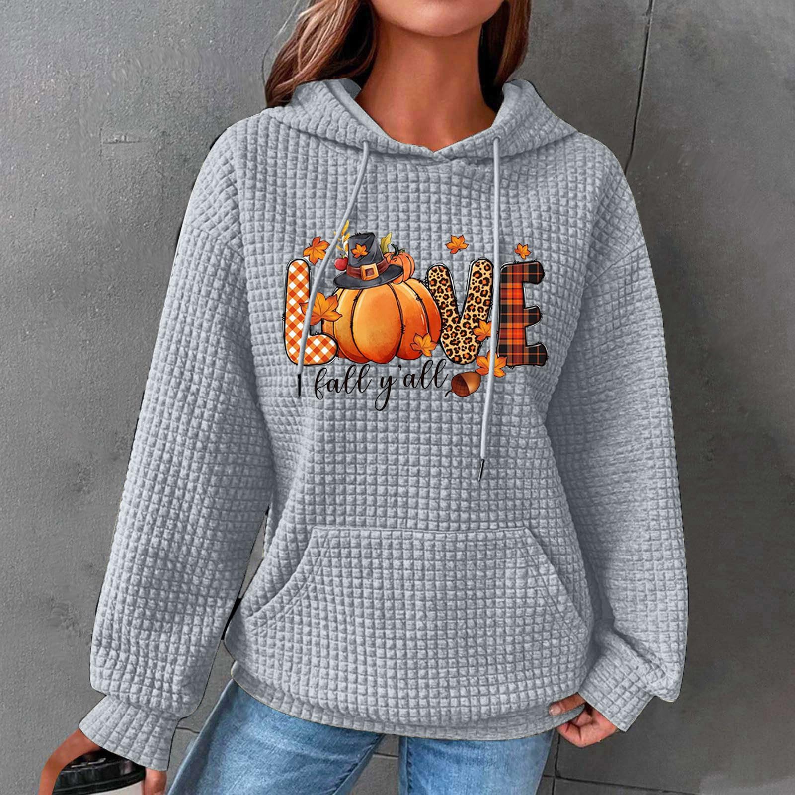 Women's Autumn Waffle Hoodie - Pumpkin Maple Leaf Graphic Long Sleeve Pullover with Pocket | Cozy Fall Sweatshirt for Casual Wear, Pumpkin Patch Visits & Seasonal Outfits