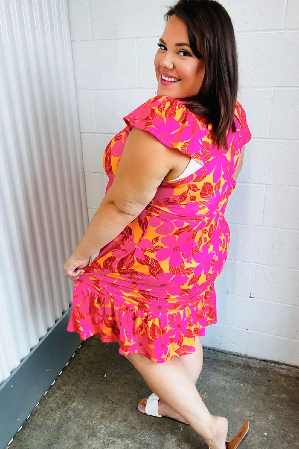Fuchsia & Orange Tropical Floral Square Neck Summer Dress for Women - Beach Vacation, Party & Casual Outfit