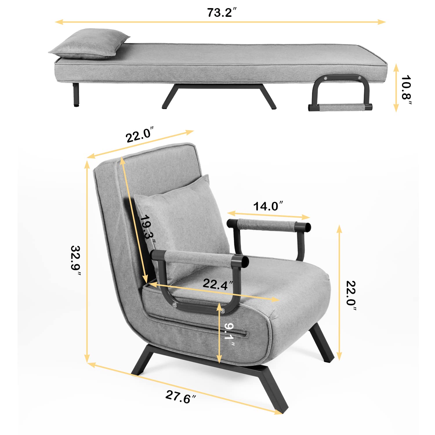 5-Position Convertible Sofa Bed with Removable Cover - Foldable Armchair Sleeper, Full Padded Lounger for Living Room, Guest Room & Home Office - Includes Comfort Pillow (Grey) - Perfect for Small Spaces, Overnight Guests & Multi-Functional Furniture Needs