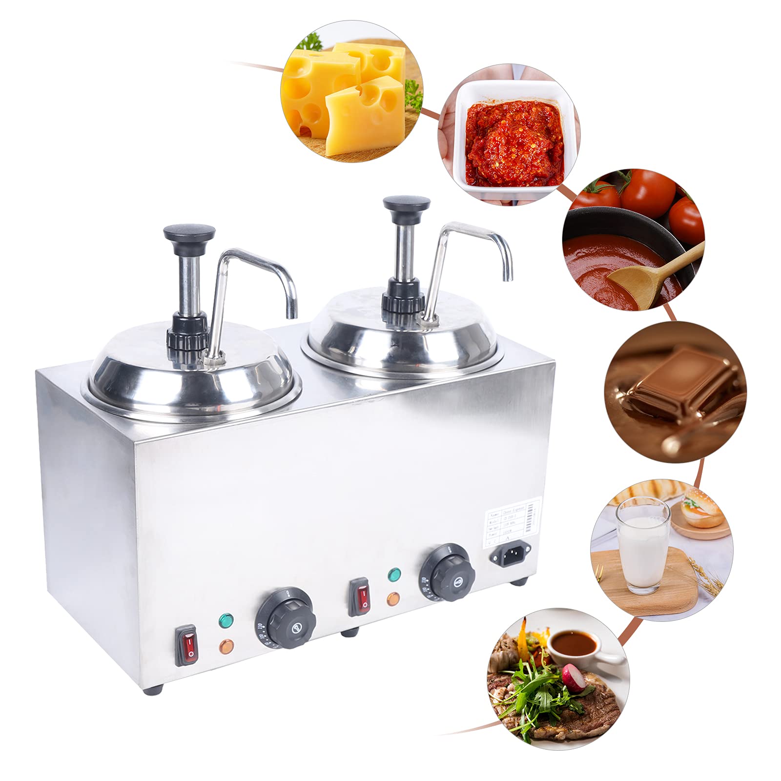 Electric Double-Head Warmer Dispenser with Pump & Temp Control - 2 x 2L Capacity for Melting Cheese, Caramel, Chocolate | Perfect for Restaurants, Cafes & Catering Events