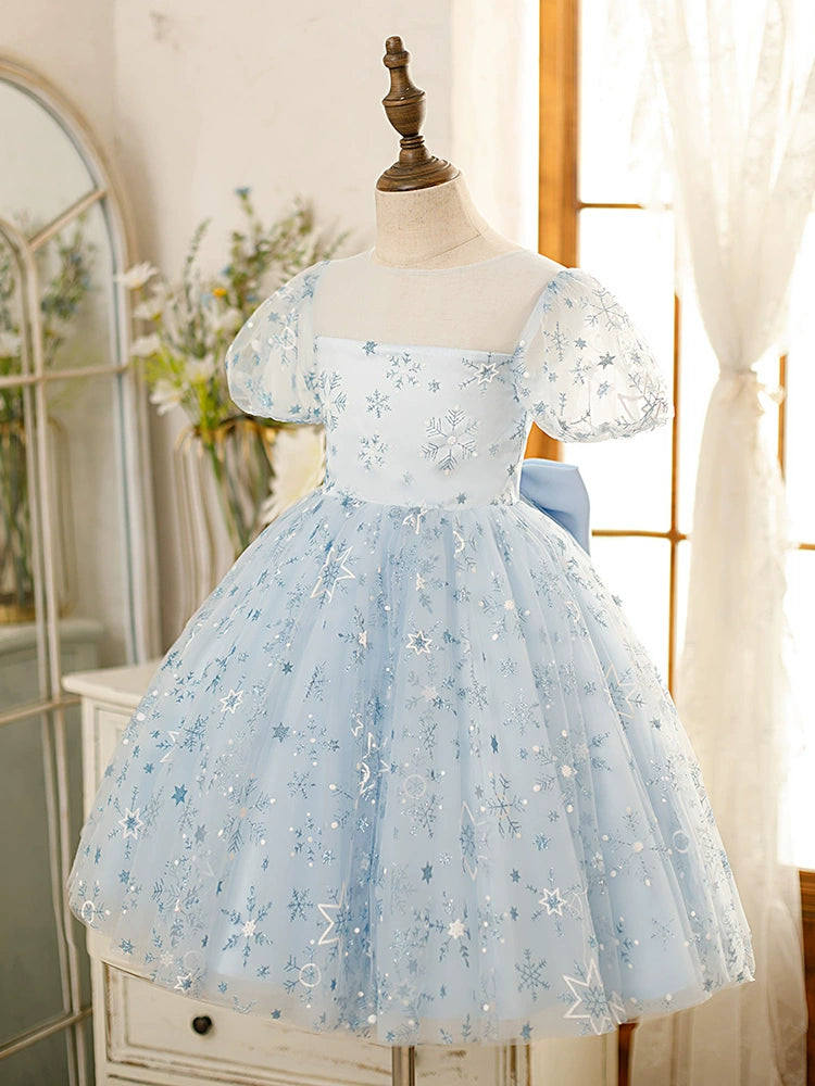 Dusty Blue Princess Square Tea Length Tulle Flower Girl Dress for Weddings & Special Occasions