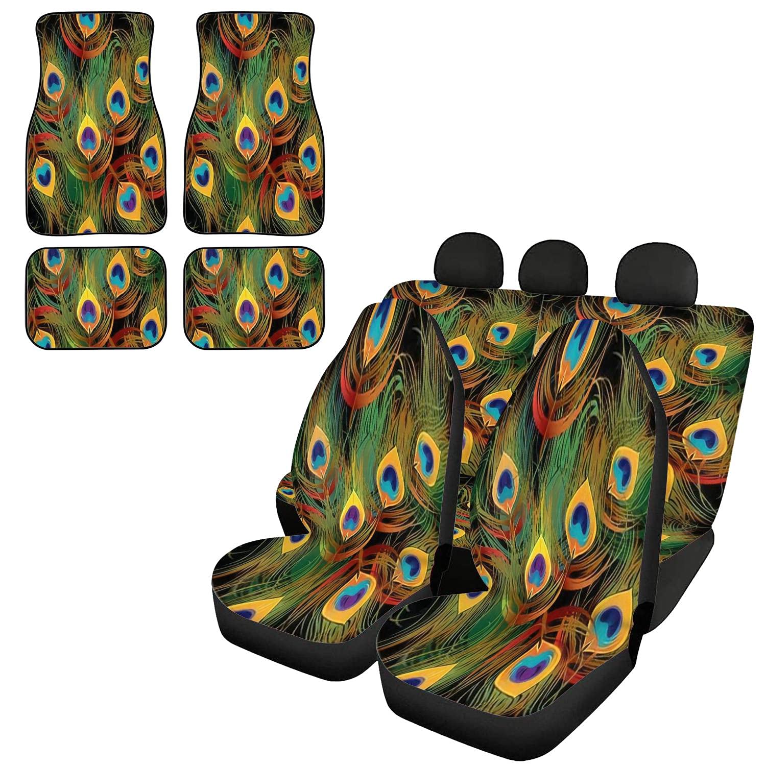 Peacock Feathers Car Seat Covers & Floor Mats Full Set - Universal Fit for Most Vehicles - Waterproof Seat Protectors & Auto Decor Accessories - Perfect for Sedans, SUVs, and Trucks - Enhances Interior Style & Protects Against Spills