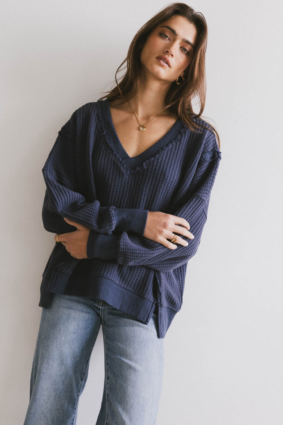 Ellis Waffle Knit Top Women's Long Sleeve Crewneck Sweater - Navy Blue Casual Winter Pullover for Work, Date Night & Cozy Outfits