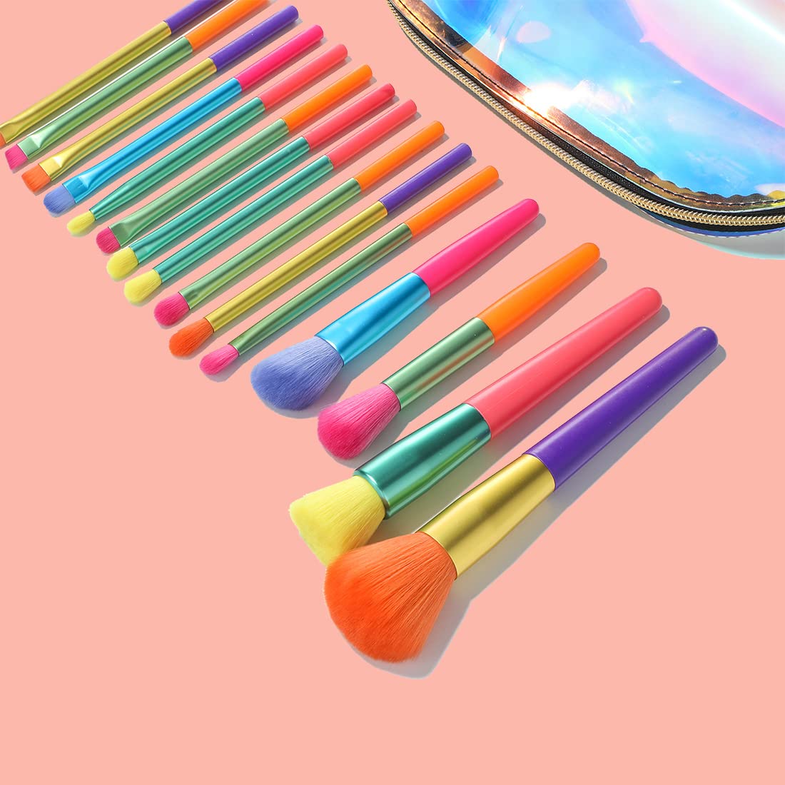15-Piece Premium Synthetic Rainbow Makeup Brush Set - Professional Kabuki, Face Powder, Blush & Foundation Brushes with Travel Case | Perfect for Makeup Artists & Beginners (Colorful Cosmetic Brush Kit) - Ideal for Home, Travel & Professional Makeup Application
