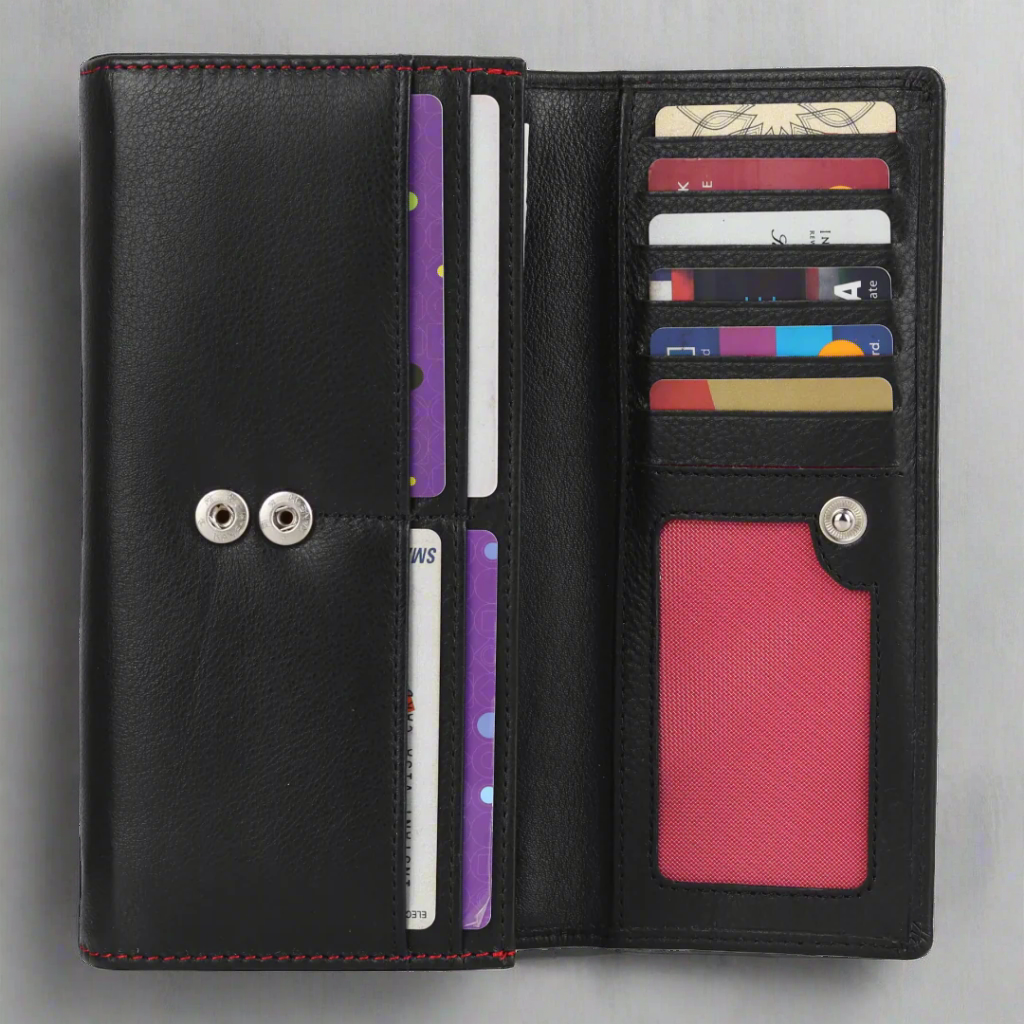 MET Road Women's Red Stitch Leather Wallet - Slim RFID Blocking Bifold Wallet for Women - Perfect for Everyday Use, Travel & Gift Giving