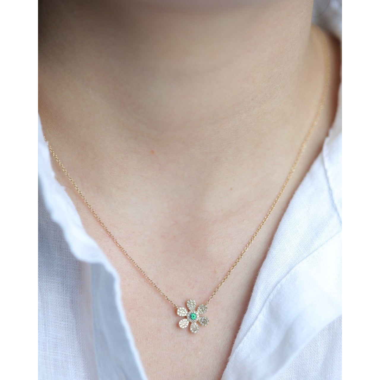 14k Yellow Gold Emerald & Diamond Pavé Flower Pendant Necklace | Elegant Jewelry Gift for Women | Perfect for Weddings, Anniversaries & Special Occasions